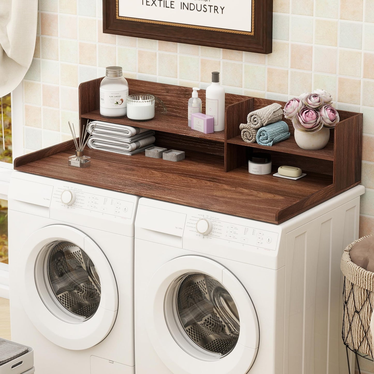 Laundry Topper For Washer And Dryer, Large Laundry Countertop Cover With Non-Slip Pads , 2 Tier Wooden Washer Dryer Topper For Folding Clothes, Laundry Countertop Over Washer And Dryers,Walnut