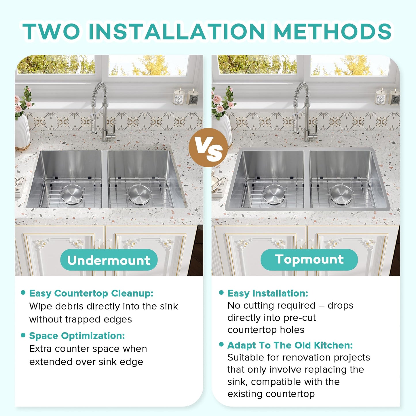 Rhbamoa Double Bowl Kitchen Sink Undermount 31 inch,16-Gauge T304 Undermount Kitchen Sink Stainless Steel,50/50 Stainless Steel Double Sinks with Accessories,Deep Sinks with Brushed Finish