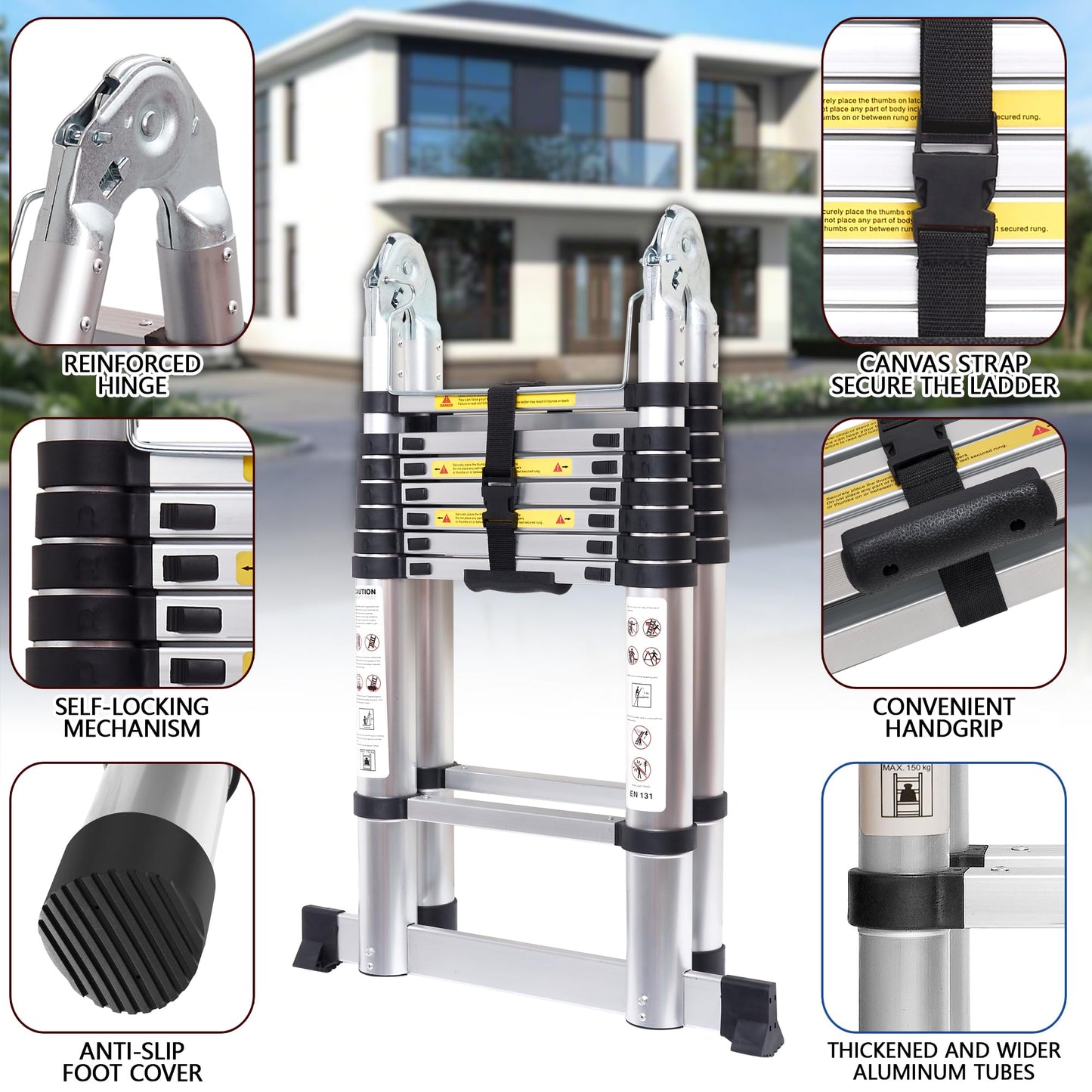 14.44 FT A Frame Telescoping Ladder Adjustable Multi-Purpose Collapsible Extension Ladder,Heavy Duty 330 lbs Max Capacity, Ideal for Home and Outdoor Work(2.2m+2.2m/14.44FT-A Frame)