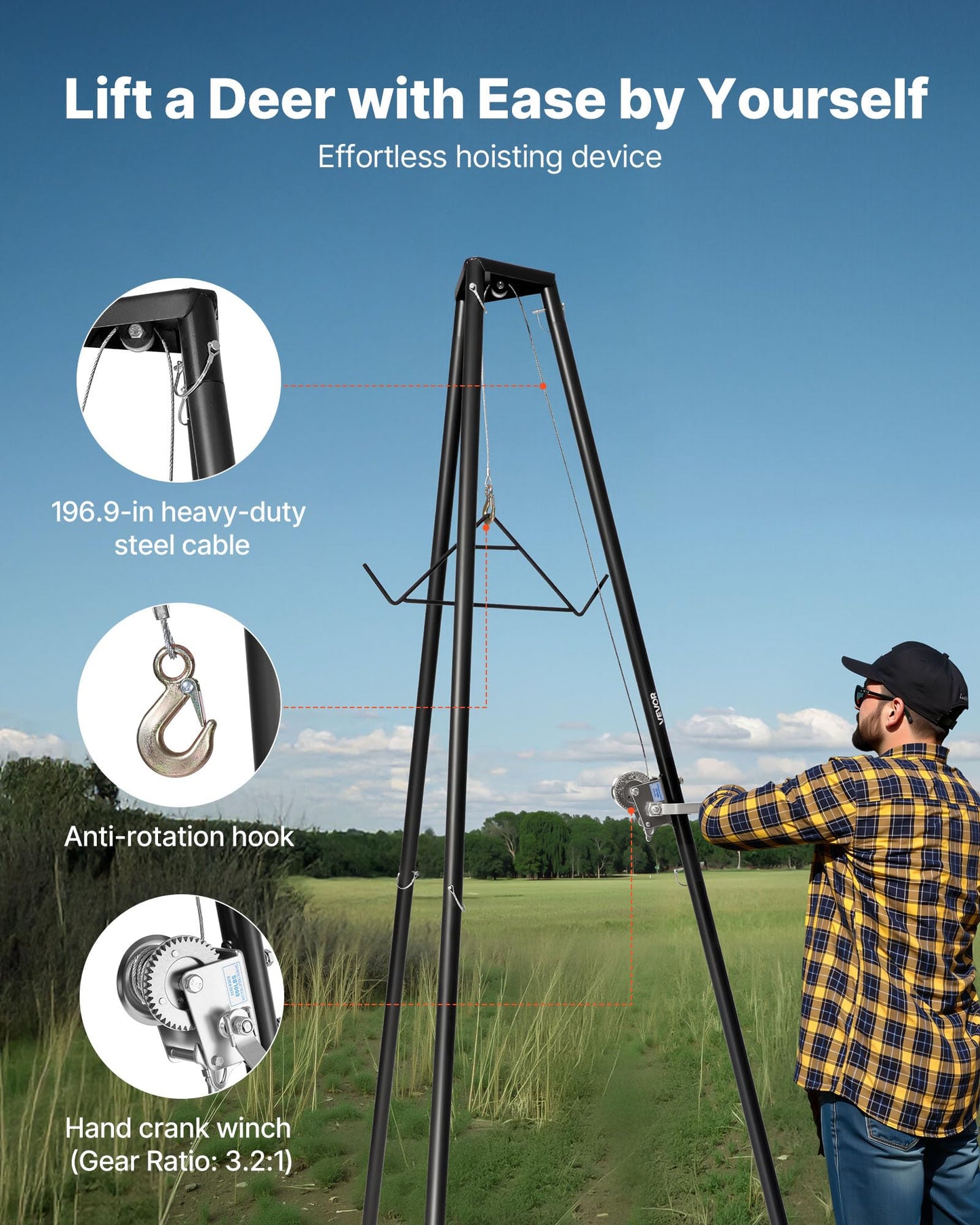 VEVOR Tripod Deer Hoist, 500 lbs Load Capacity, Hunting Game Hoist Winch Lift with Gambrel & Manual Winch, Hunting Game Skinning and Cleaning Accessory for Cleaning, Skinning, and Moving, Black