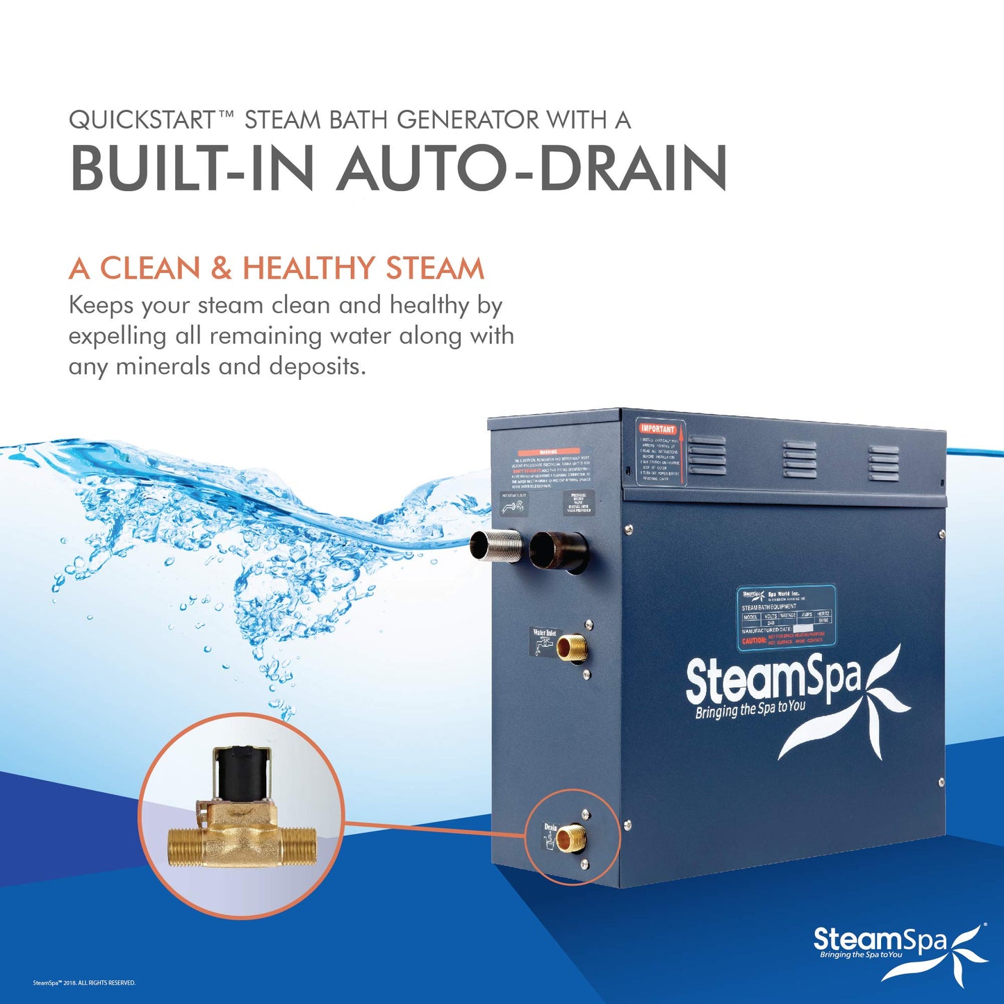 SteamSpa 9kW Steam Sauna Generator Executive Bundle 240V Steam Generator with Touch Pad, Steamheads, Pressure Relief Valve, Built-in Auto Drain, LED Light, Filter and Quick Install Kit EXT900BN-A