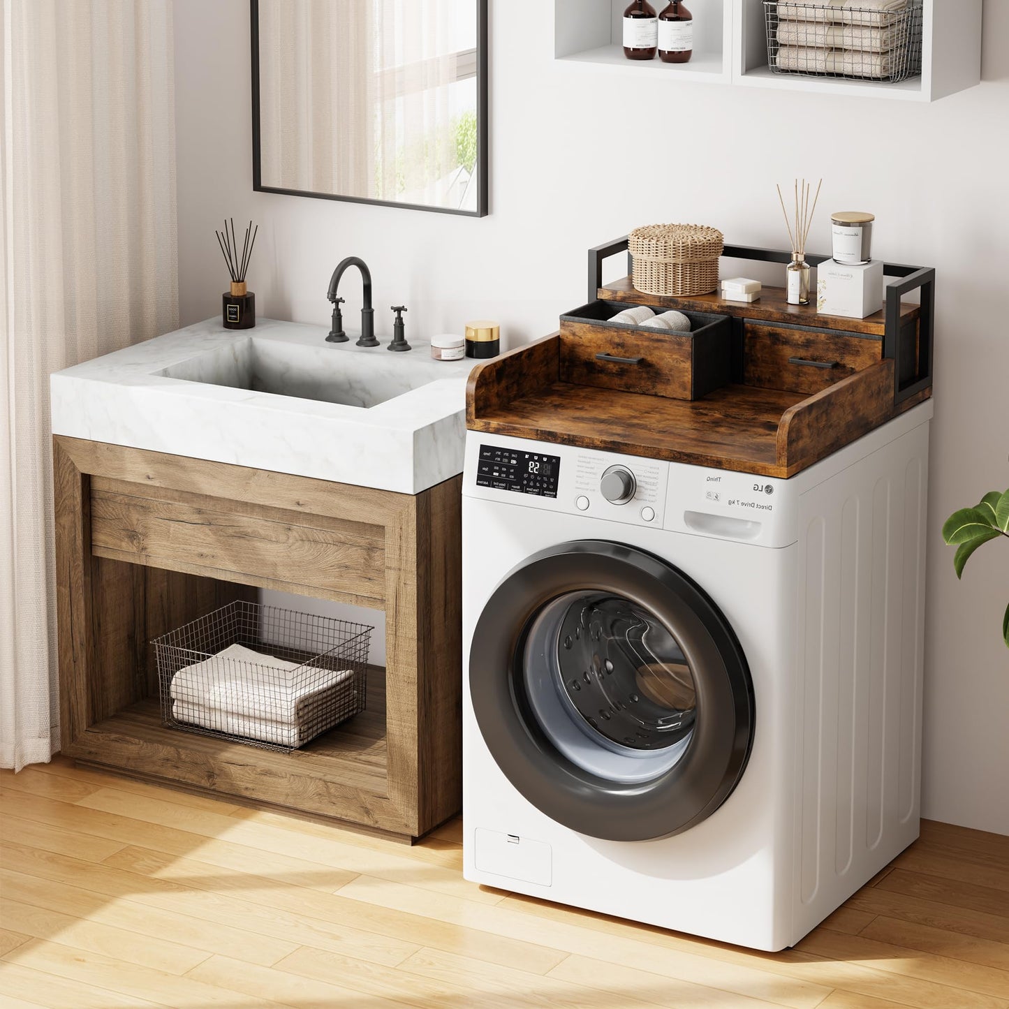 IDEALHOUSE 2-Tier Washer and Dryer Countertop with Shelf or Drawers, Laundry Countertop Cover with Non-Slip Pad, 54"X27.5" Laundry Topper for Folding Clothes Over Washer and Dryer-Retro