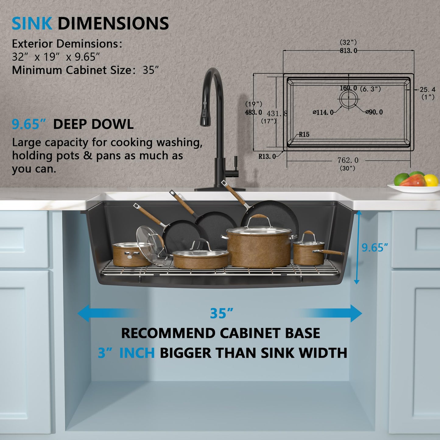Fulorni 32"x19" Granite Composite Kitchen Sink - Undermount Matte Black Ledge Workstation Quartz Classic Under Counter Single Bowl Sink Basin