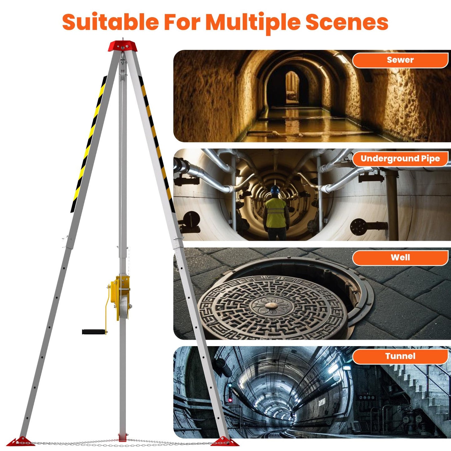 3000lbs Confined Space Tripod Kit, 3000 Lbs Winch, Adjustable 7' Legs & 98' Cable, Steel Confined Space Rescue Tripod with 33' Fall Protection/Harness/8' Protection Chain for Confined Spaces Safety