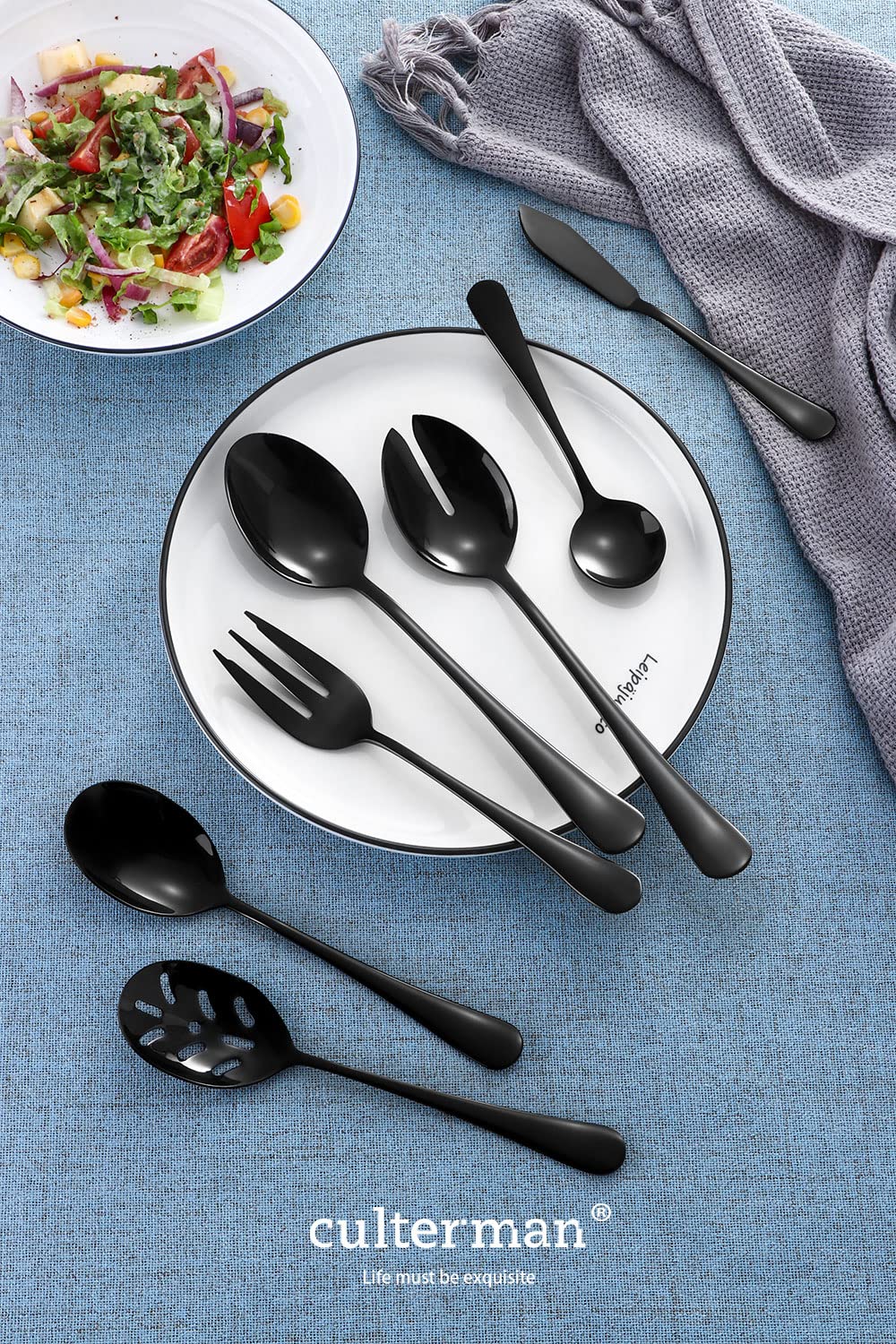 culterman Black Serving utensils set. Stainless Steel Hostess Flatware Sets 7-Piece Includes Silverware Large Salad Spoons,Forks,knifes.Dishwasher Safe.