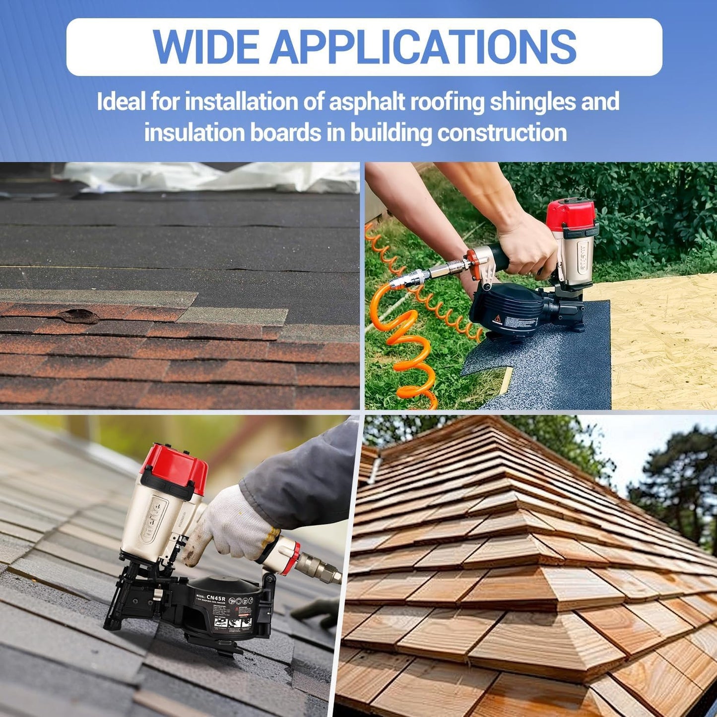 meite CN45R Coil Roofing Nailer 15 Degree Pneumatic Nail Gun for Asphalt Shingles Underlayment Decking Roof Repair, Air Roofing Nail Gun with Tool-Free Depth Adjustment Accepts 7/8" to 1-3/4" Nails