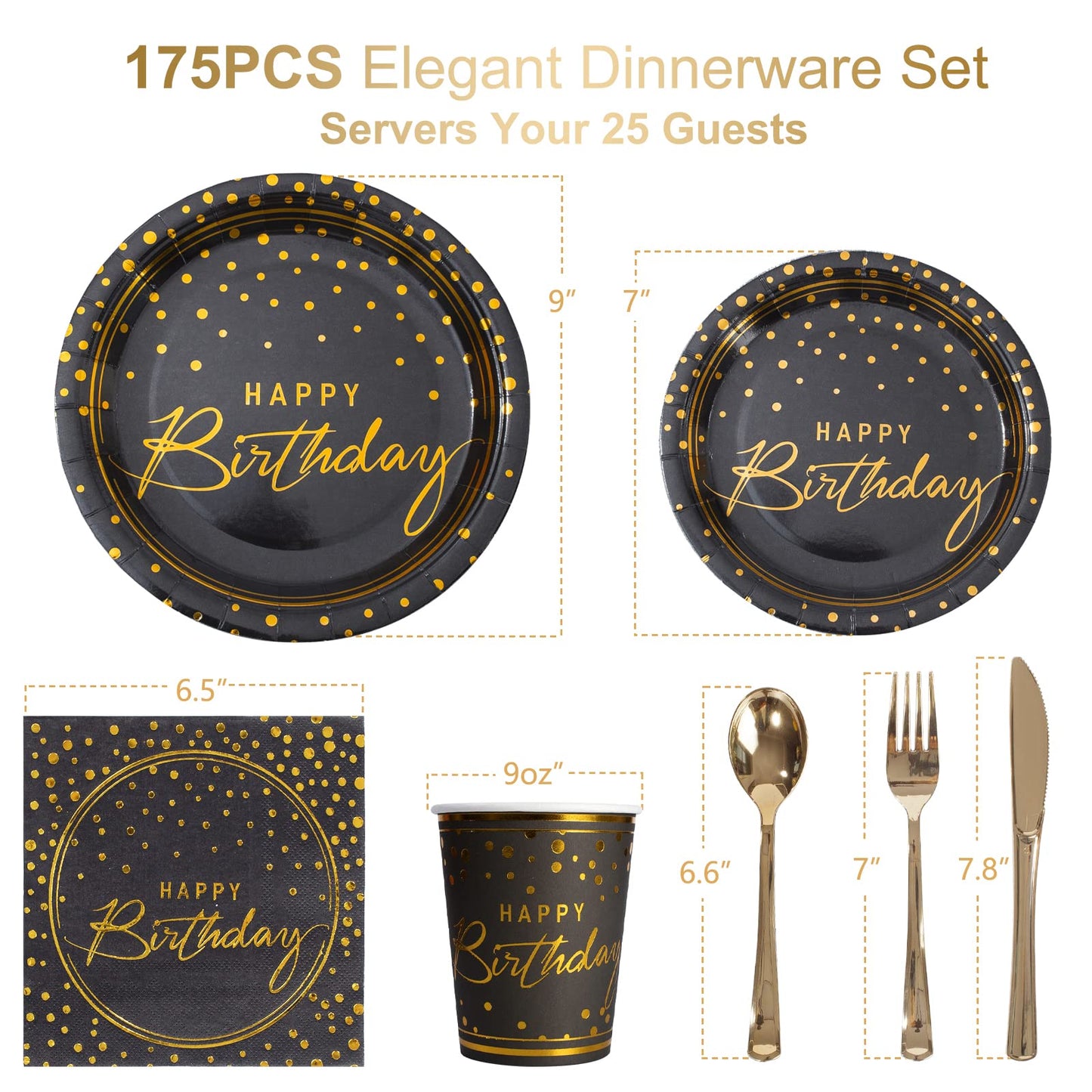 175PCS Happy Birthday Disposable Dinnerware Set Party Supplies, Paper Black Gold Plates and Napkins with Gold Plastic Forks Knives Spoons Serve 25 Guests for Birthday Party Decoration