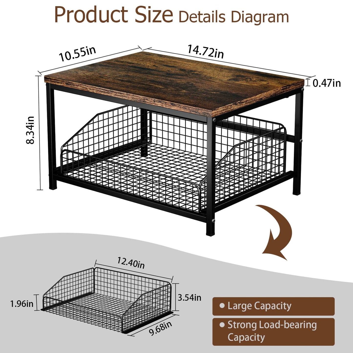 KLM Pull Out Spice Rack Organizer for Cabinet,Rustic Wood Top with Wire Basket Storage,Kitchen Countertop Organizer and Storage for Pantry, Counter top,Coffee Station Wood. (Brown)