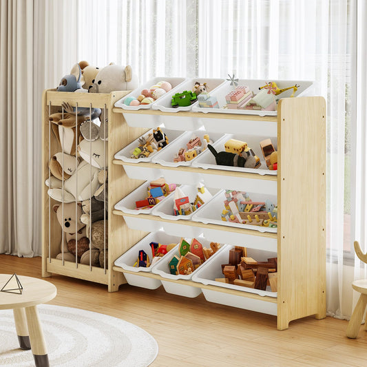 EXPERLAM Kids Toy Storage Organizer, 2-in-1 Stuffed Animal Storage & Toy Organizer w/12 Bins, Solid Wood Toy Rack Featuring Thicker Elastic Ropes to Hold Toys, Playroom Nursery Bedroom Storage, White