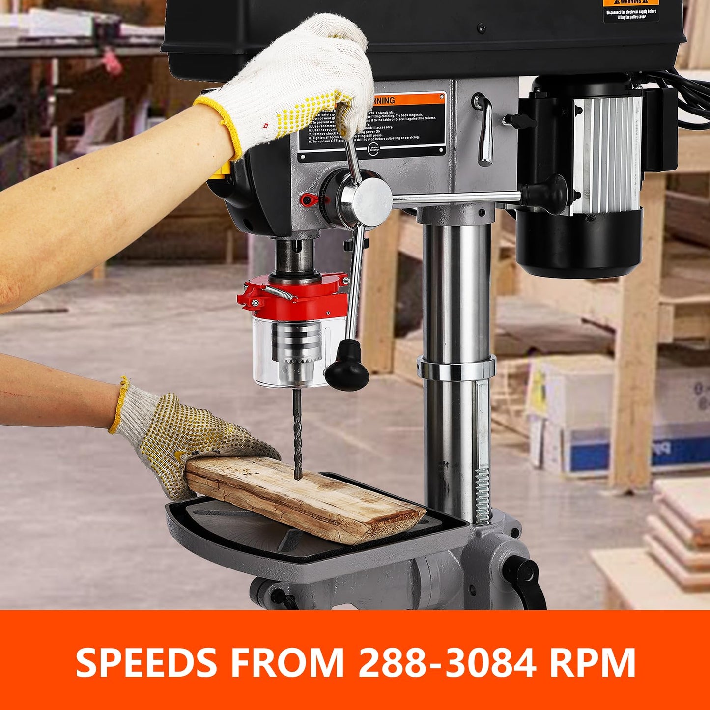Garvee 15 in Floor Drill Press, 7.5 Amp 120V Pure Copper Motor, 288-3084 RPM Variable Speed Cast Iron Bench Drill Press, 0-45° Tilting Worktable, Tabletop Drilling Machine for Wood Metal