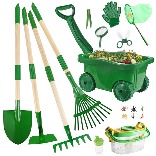 Duckura Kids Gardening Tools Bug Catcher Kit, Outdoor Toys with Wheelbarrow Set and Shovel, Rake, Bug Catcher Kit, Summer Yard Digging Weed Birthday Gifts Toys, Easter for Boys Girls Age 2 3+