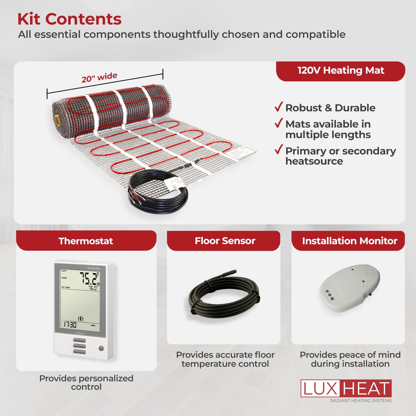 LuxHeat 15sqft Floor Heating Mat Kit – 120v Electric Radiant Heated Flooring System – Floor Heating System Under Tile & Laminate - Includes UDG Programmable Thermostat w/GFCI, Alarm & Sensor