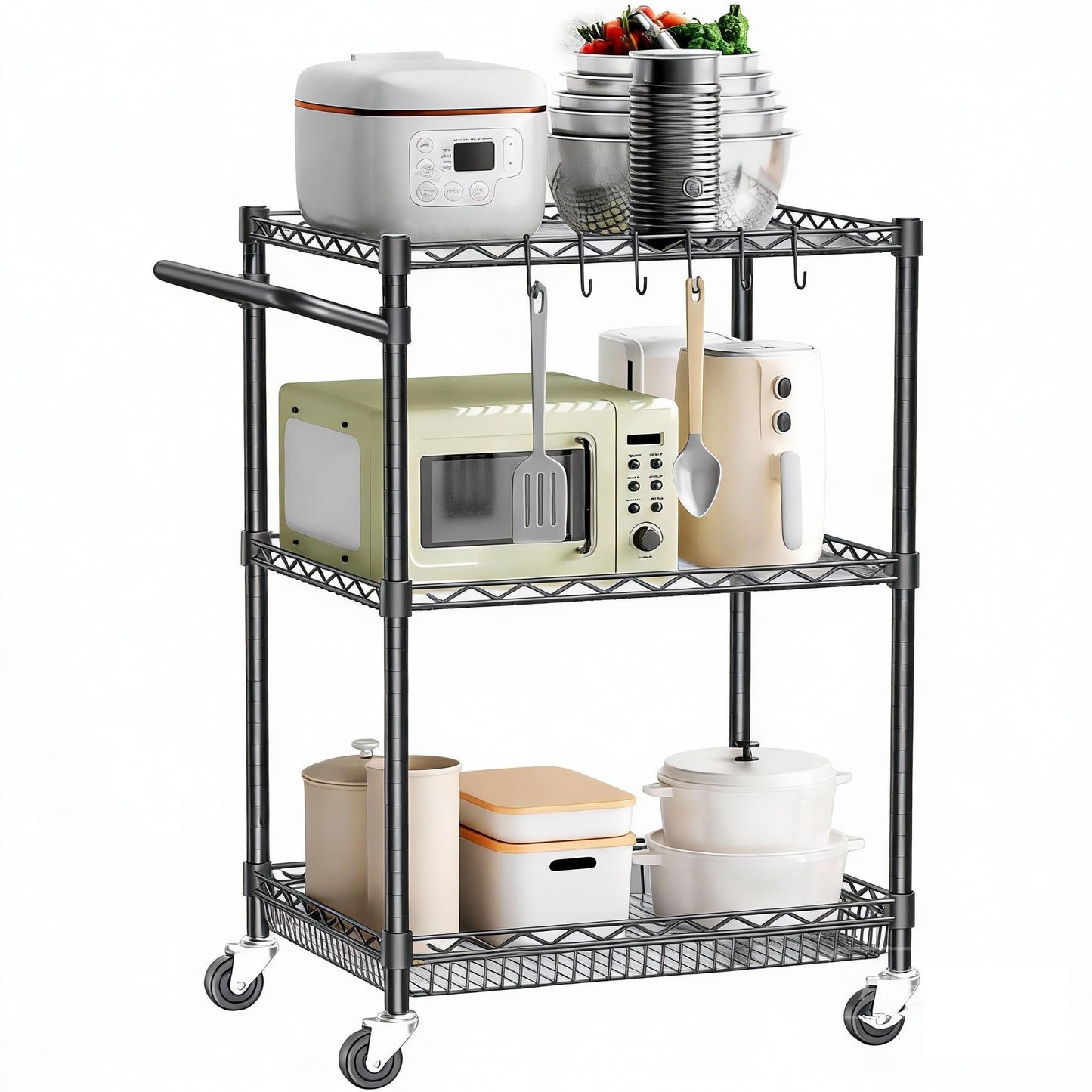 Rolling Utility Metal Carts with Wheels 3 Tier Heavy Duty Storage Cart 750Lbs Capacity Adjustable Kitchen Organizer Cart with Handle & Shelf Liner Commercial Grade Trolley for Indoor & Outdoor Use