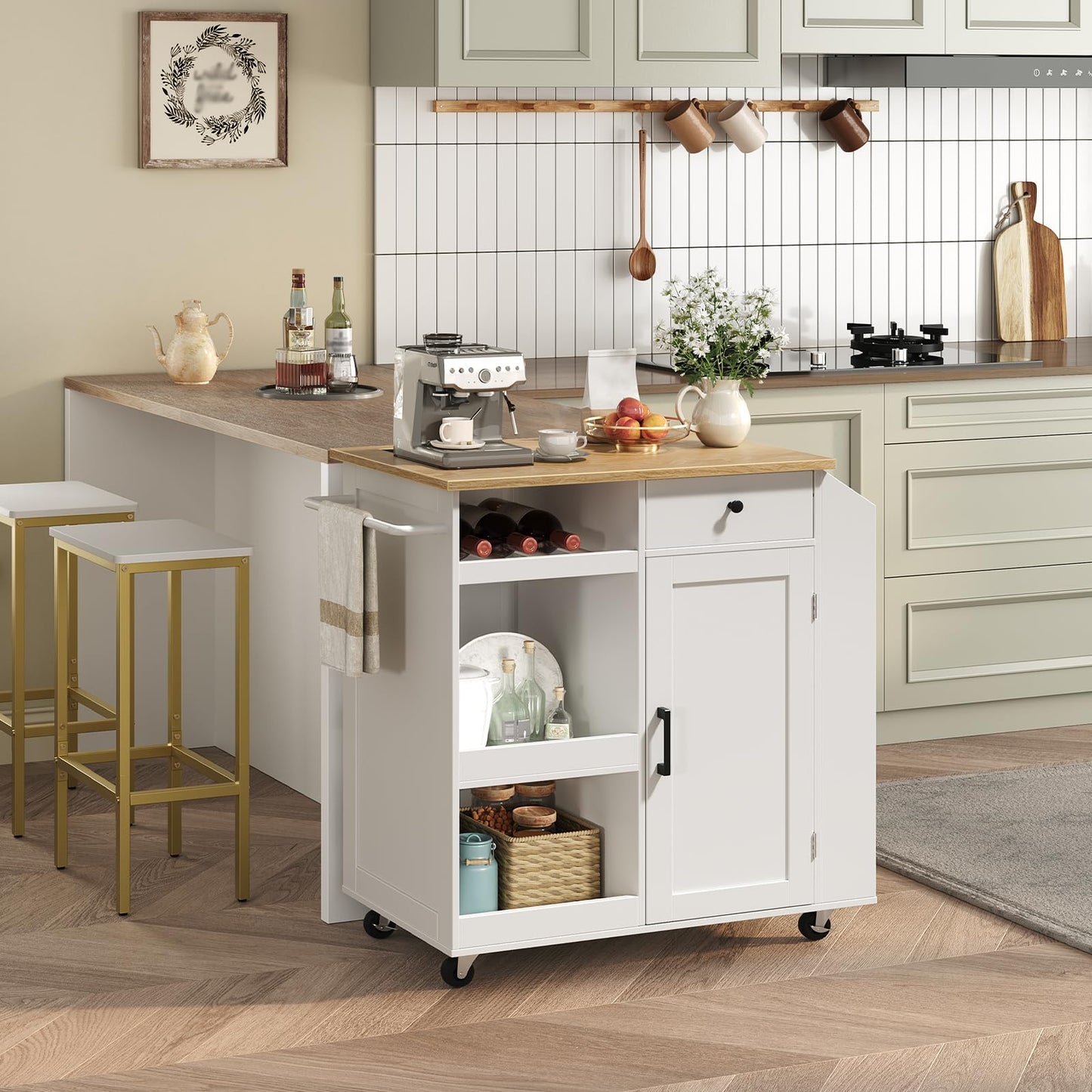 MAHANCRIS Kitchen Island with Power Outlet, Kitchen Storage Island with Drawer, Rolling Kitchen Cart on Wheels, Spice Rack, Towel Rack, Wine Rack, for Dining Room, White and Natural KINW122E01N1