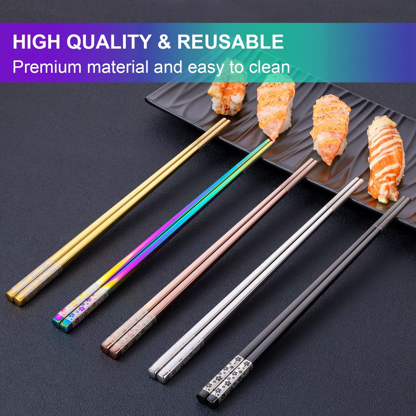 FOFAYU Metal Chopsticks Reusable 5 Pairs Multicolor Stainless Steel Chopsticks Dishwasher Safe Square Lightweight Non-Slip Chop Sticks Present Set