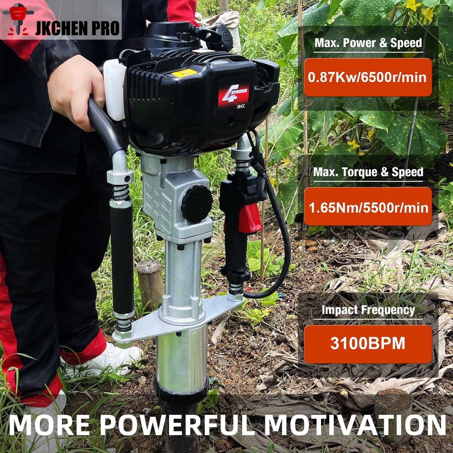 4 Stroke Gas Powered T Post Driver Hammer Drills, 37.7CC Air Cooling Single Cylinder Gasoline Petrol Fencing Tool with 3 Post Driving Head with 45mm,55mm,88mm plle sleeve