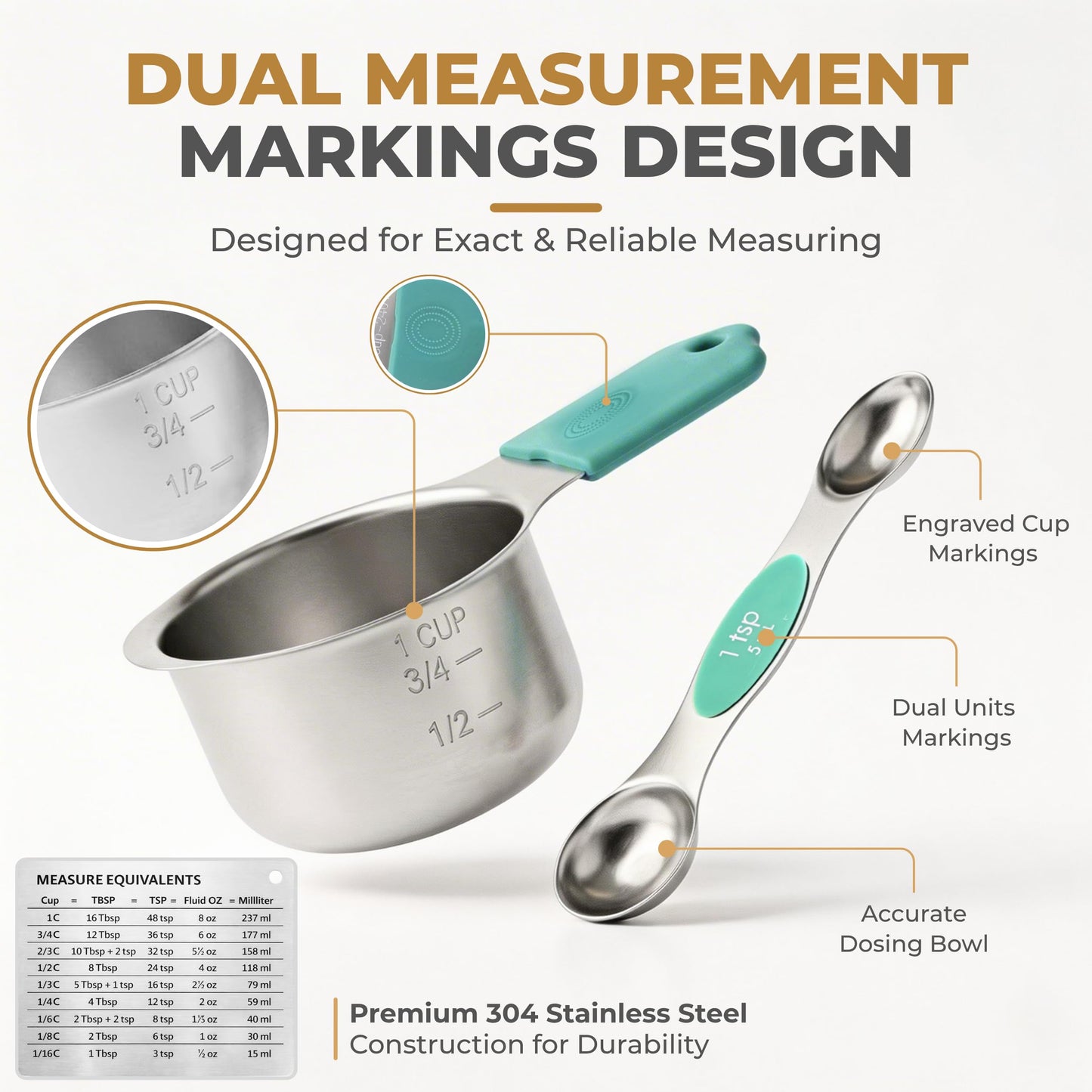 Magnetic Measuring Cups and Spoons Set, 13 Piece 304 Heavy Duty Stainless Steel with Leveler, Mini Whisk & Conversion Chart, Stackable Nesting Design, Double Sided Spoons for Dry & Liquid Ingredients