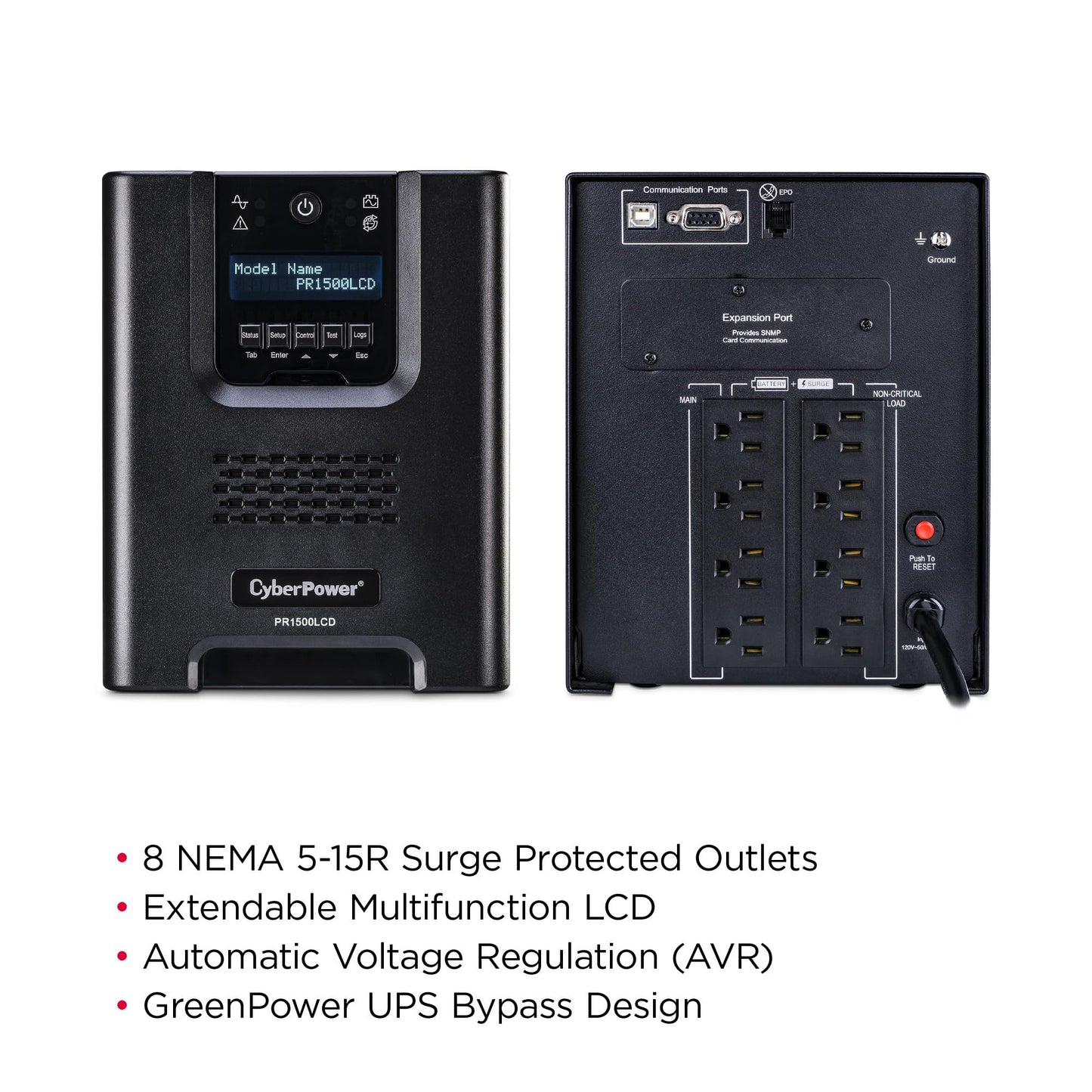 CyberPower PR1500LCD Smart App Sinewave UPS Battery Backup and Surge Protector, 1500VA/1500W, 8 Outlets, AVR, Mini-Tower, UL Certified