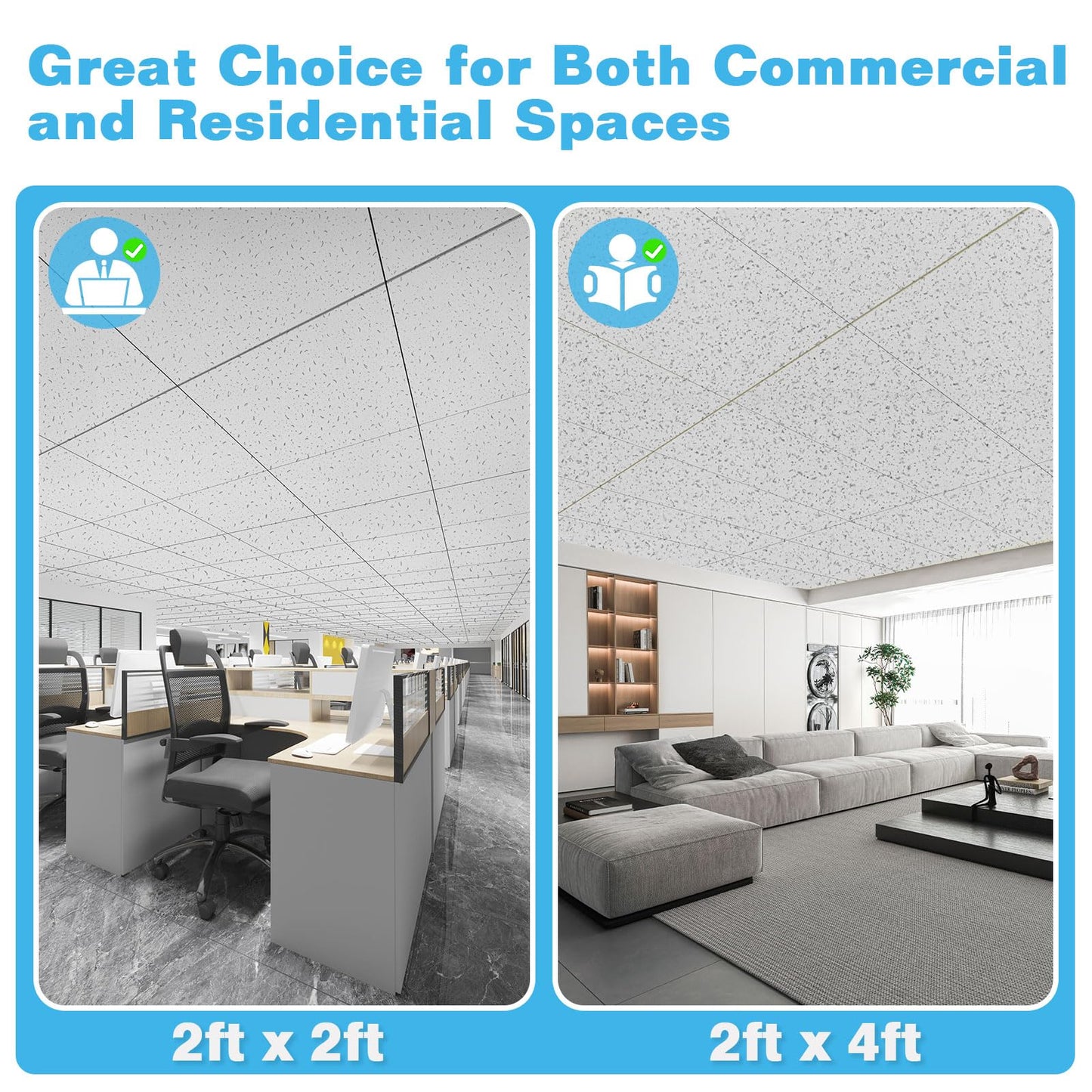 Art3d Pro Drop Ceiling Tiles 2ft x 2ft, 12-Pack Waterproof Polyester Ceiling Panels for Office Basement Kitchen Recording Room, Reusable,Covers 48 Sq.Ft, White Stucco Printing