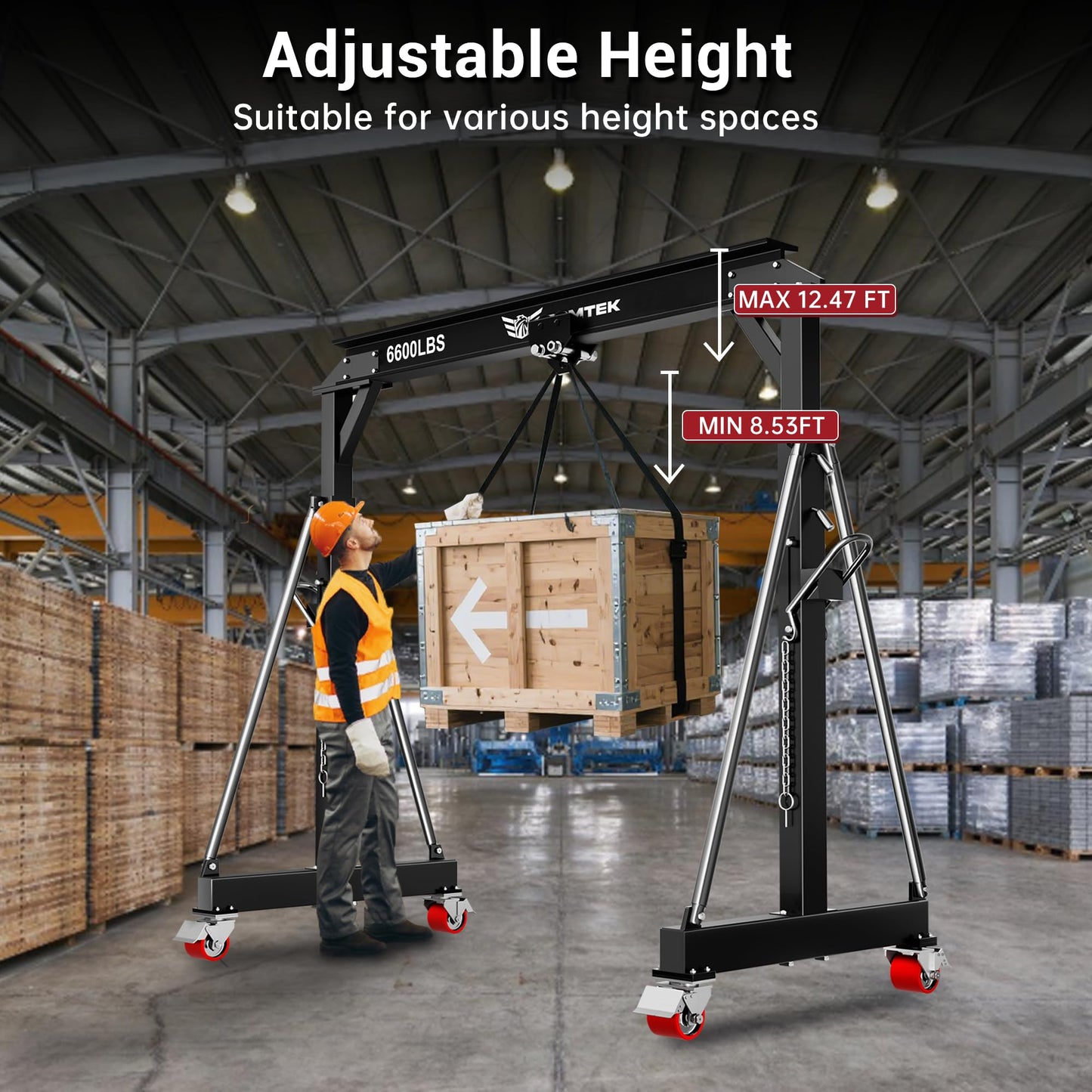 BSMTEK Gantry Crane 3 Ton MAX6600lbs, Adjustable Height (8.53-12.47 FT) & Width (9.06 FT, Available 8.53FT), Steel I-Beam Construction, Portable Shop Hoist for Factories, Warehouses