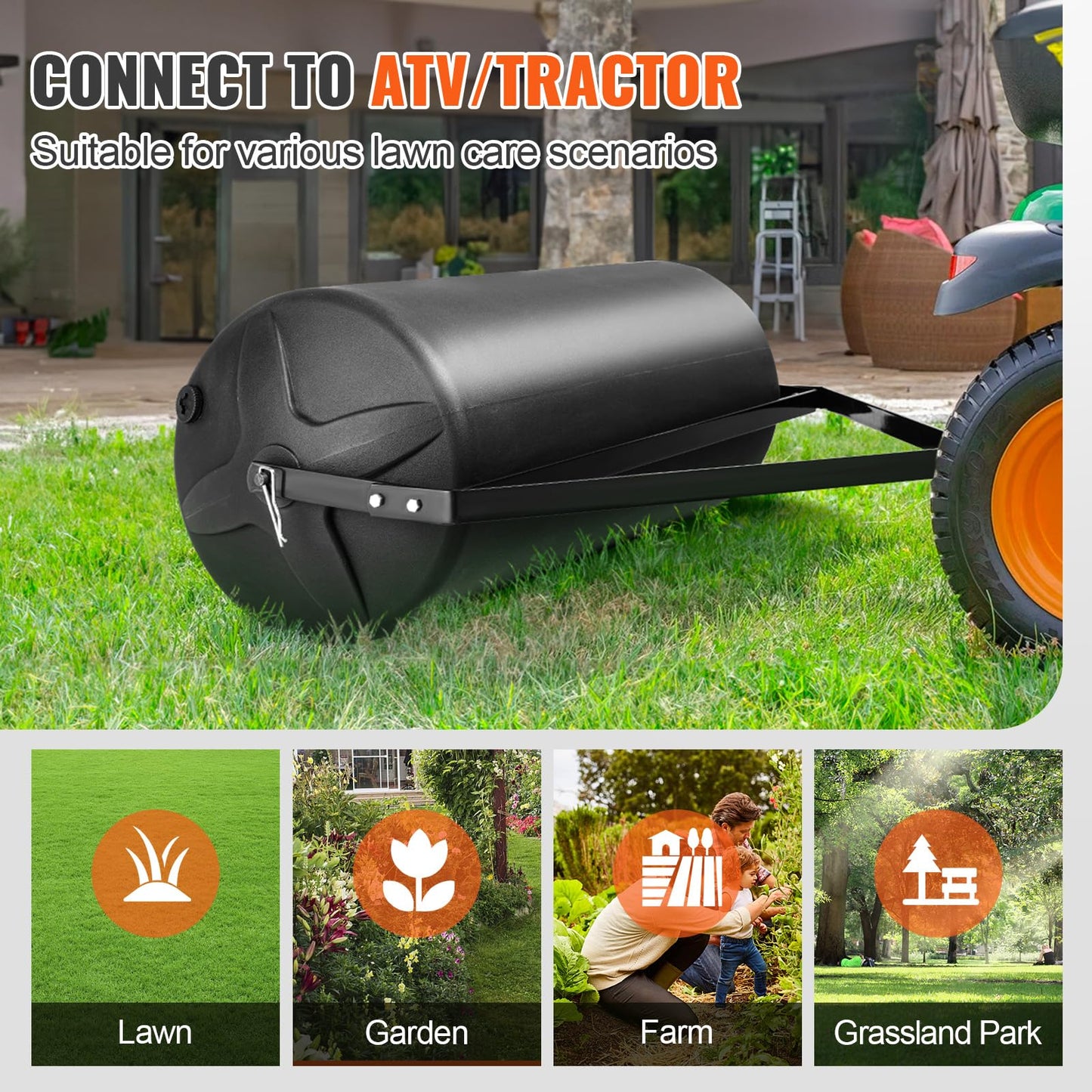 VEVOR Tow Behind Lawn Roller, 400lbs Sand/Water Filled Yard Roller, LLDPE Drum and Steel Frame Sod Roller with Easy-Turn Plug, Tow Behind a Tractor or ATV for Lawn, Garden, Farm, Park, Black