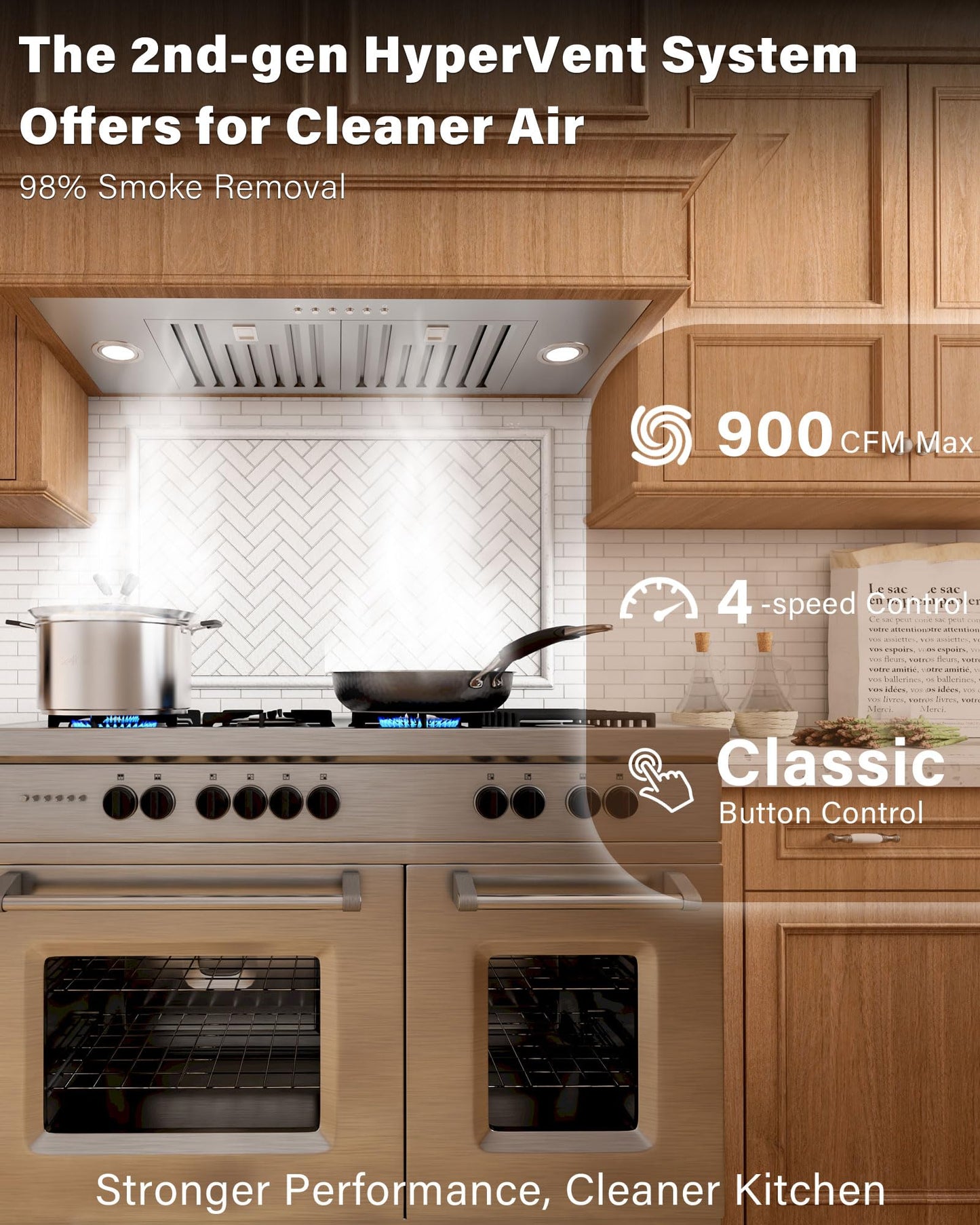 FlyPine 30 inch Stainless Steel Insert Range Hood - 900 CFM, Ultra-Quiet 4-Speed Vent, Button Control, LED Lights, Ducted/Ductless Convertible