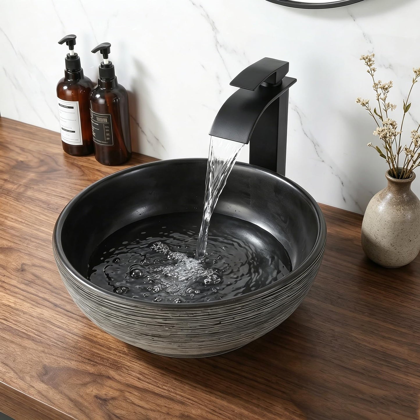 Zoyueyu 14 Inch Black Round Bathroom Vessel Sink with Waterfall Faucet and Pop-Up Drain Combo,Ceramic Vessel Sink Above Counter Round Bathroom Sink Bowl,Small Sink for Bathroom