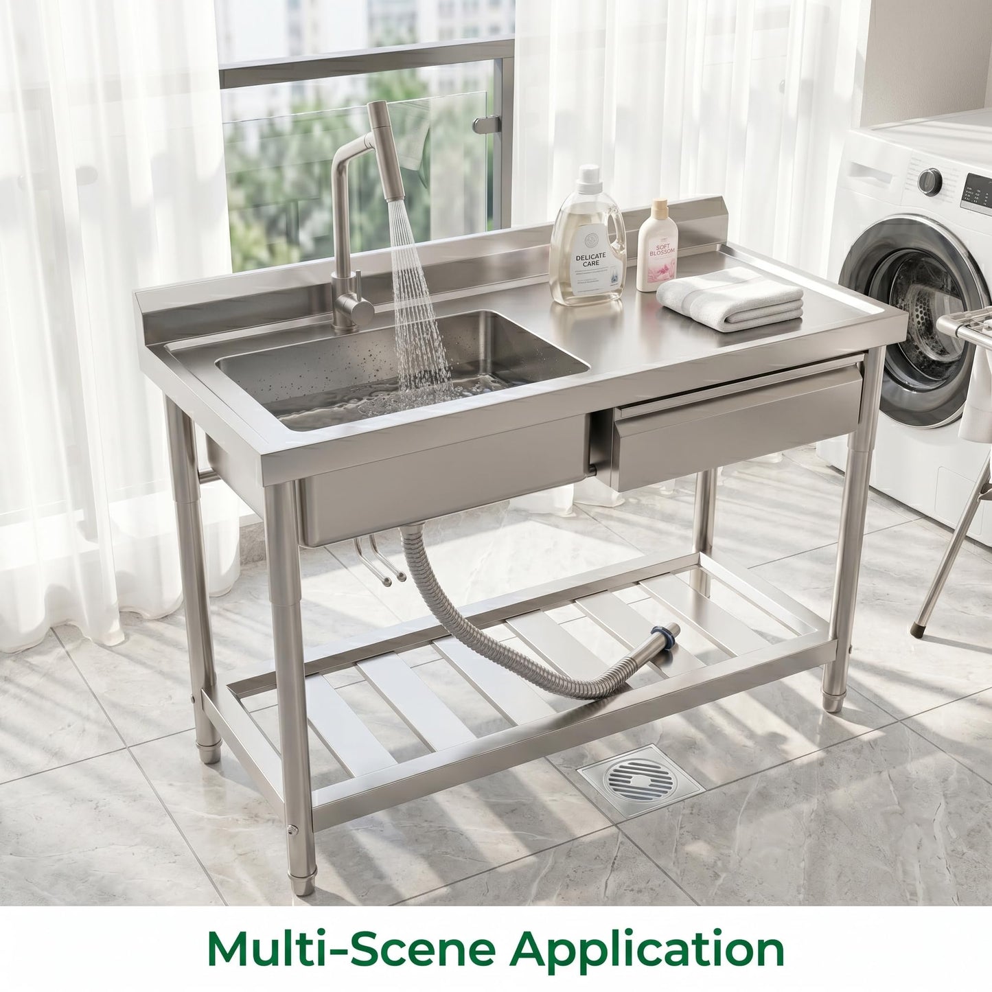 Freestanding Utility Sink 47" x 20" x 37", Left Side Single Bowl with Right Side Countertop and Storage Drawer, Stainless Steel Laundry Sink with T Shape Faucet, Workbench for Garage or Laundry Room