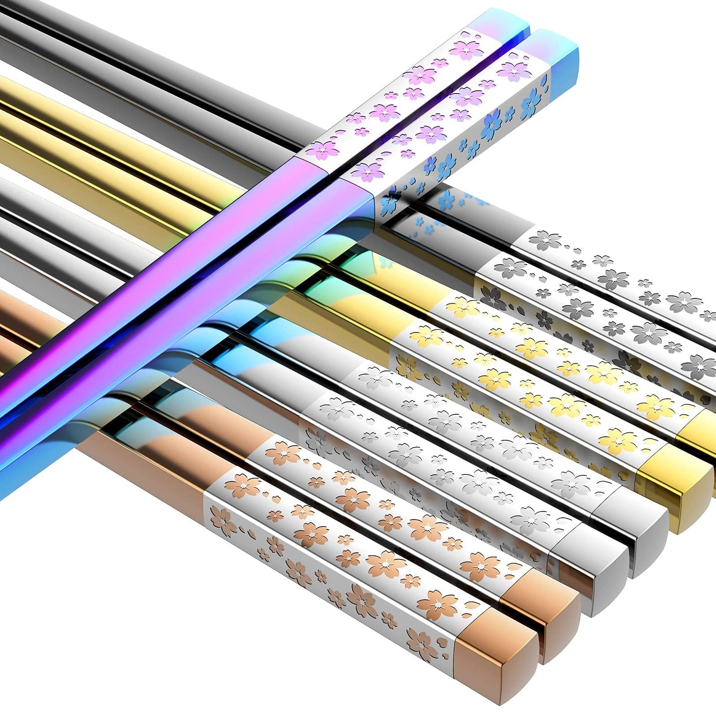 FOFAYU Metal Chopsticks Reusable 5 Pairs Multicolor Stainless Steel Chopsticks Dishwasher Safe Square Lightweight Non-Slip Chop Sticks Present Set
