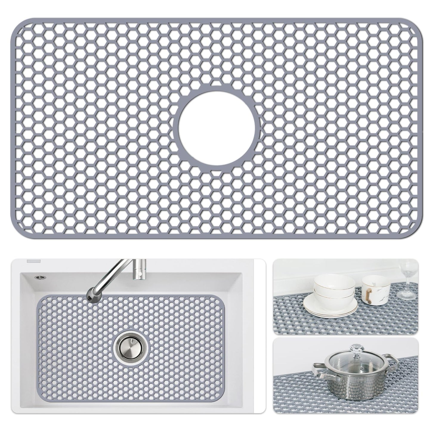 Bestjing Silicone Sink Mat - Protectors for Kitchen Sink with Center Drain, 26"x 14" Kitchen Grid Accessory, Non-Slip Heat-Resistant Mat for Bottom of Farmhouse Porcelain Stainless Steel (Center Hole)