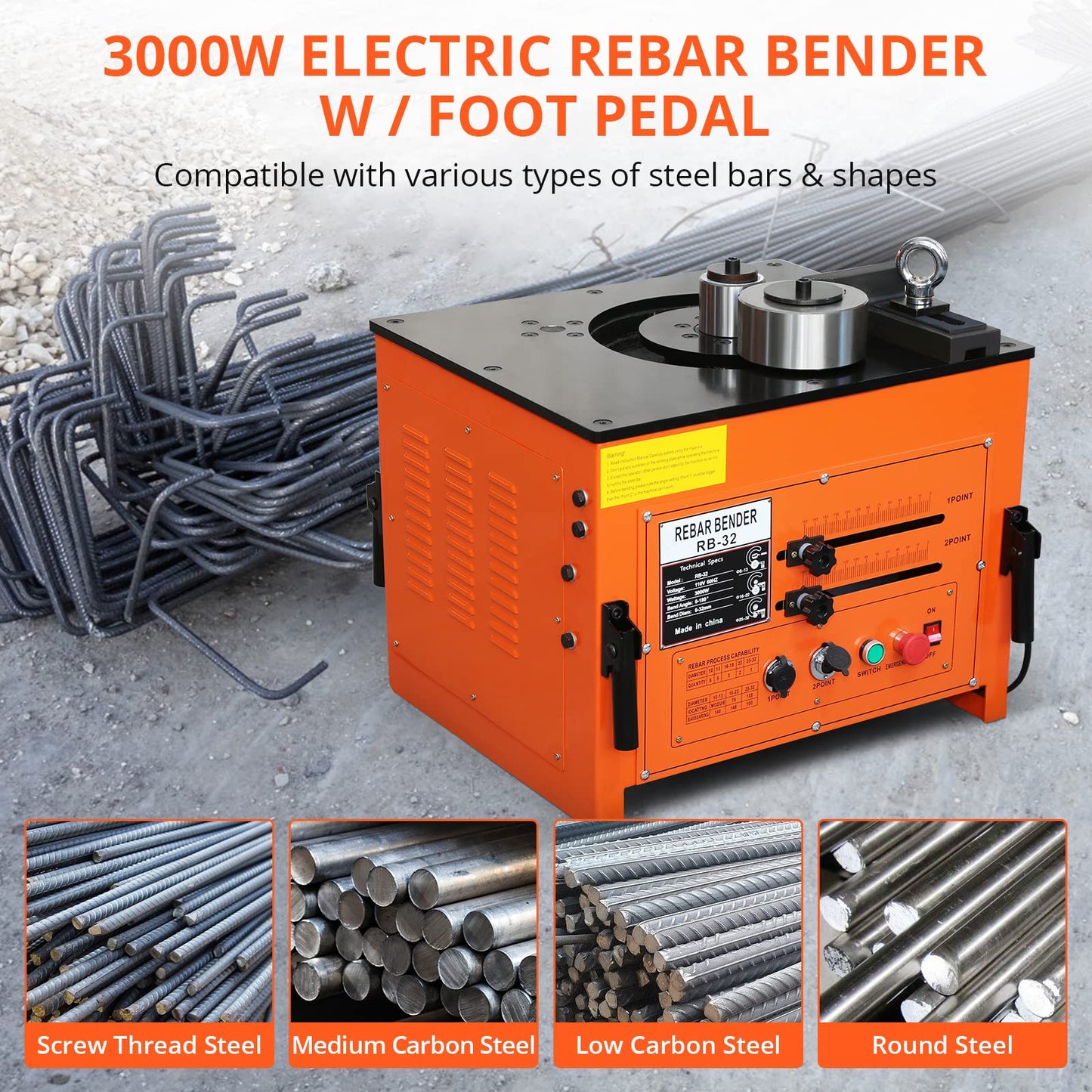 Electric Rebar Bender 3000W up to 1.3 inch with Our Electric Bender - Achieve 0-180° Angles, Operate with Convenient Foot Pedal Switch & from Powerful 3000W Motor