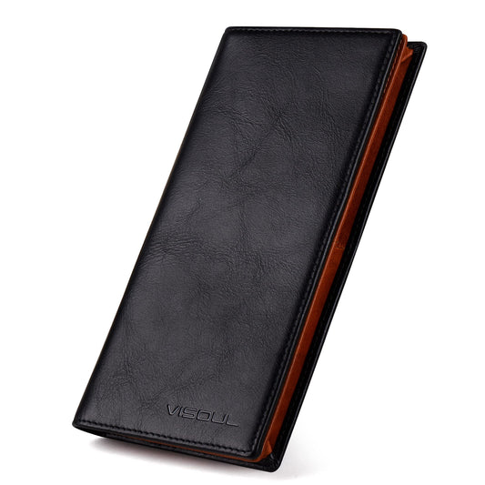 VISOUL Leather Checkbook Cover Wallet for Men with RFID Blocking, Mens Long Bifold Cash Tall Wallet with 11 Credit Card Slots 1 ID Window (Black and Orange)
