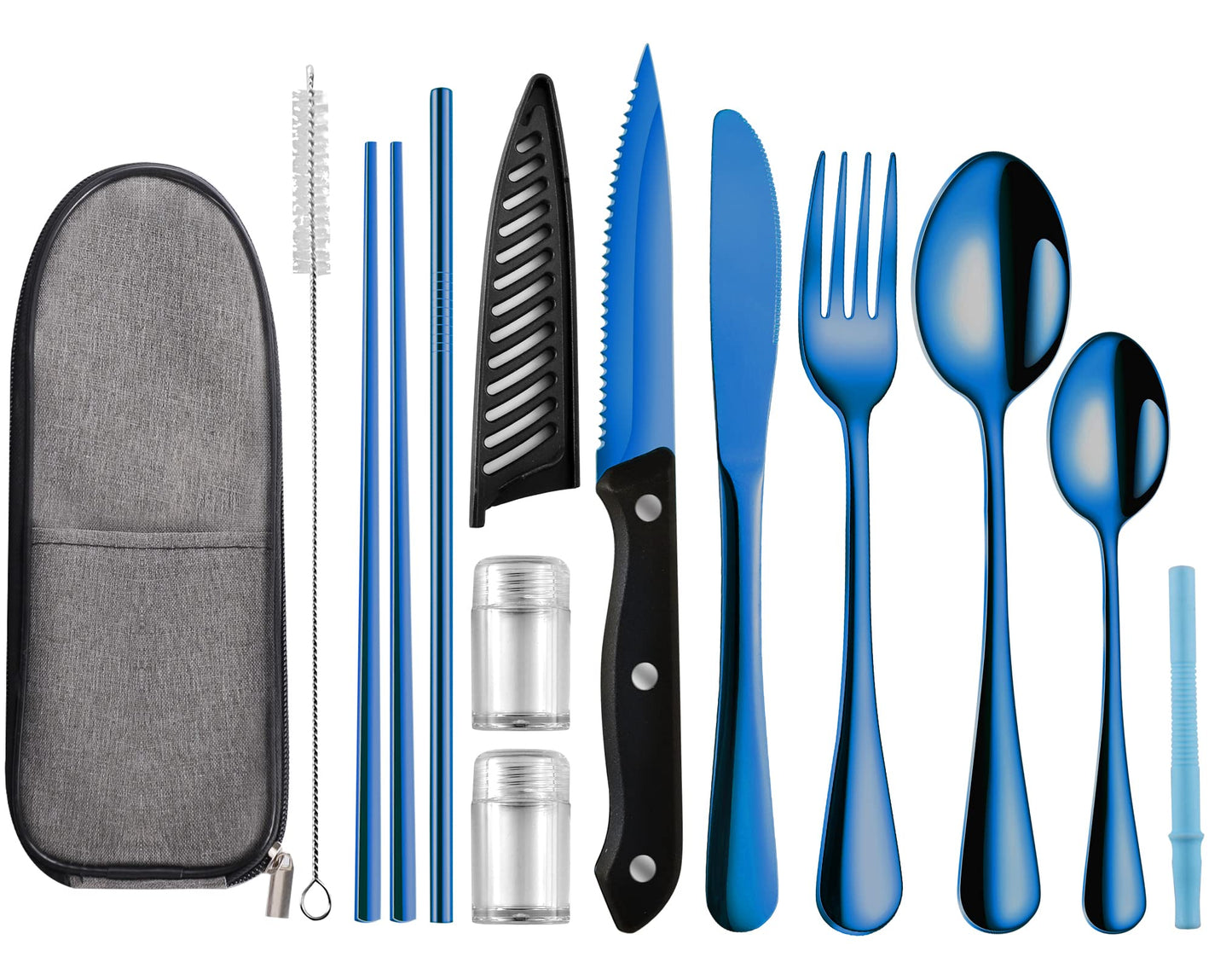 Logcow Travel Utensils Set with Case, 10-Piece Reusable Stainless Steel Camping Cutlery, Portable Fork Spoon Knife Chopsticks & Straw for Work, Lunch, Picnic (Blue)