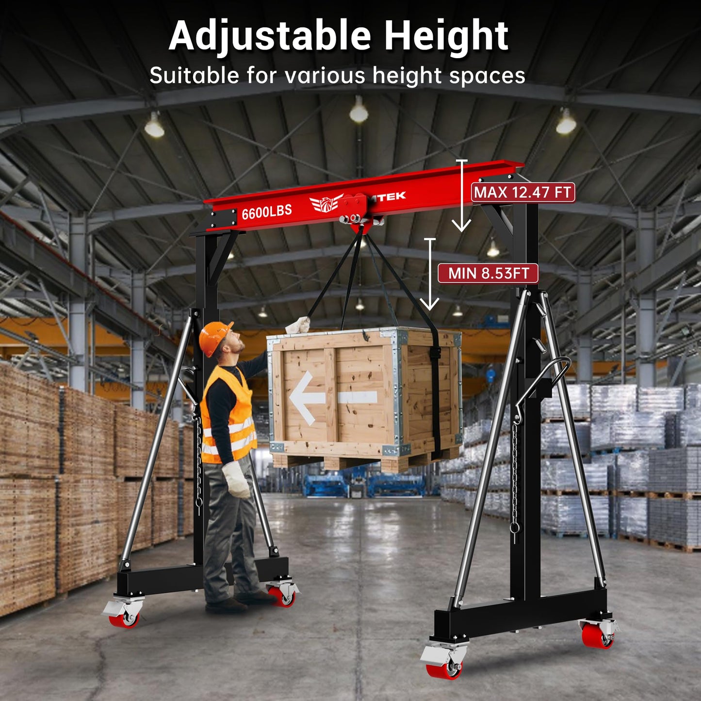 BSMTEK 3 Ton Gantry Crane MAX6600LBS, Adjustable Height (8.53-12.47 FT), Width (8.53 FT), Steel I-Beam Construction, Portable Shop Hoist for Factories, Warehouses, Red
