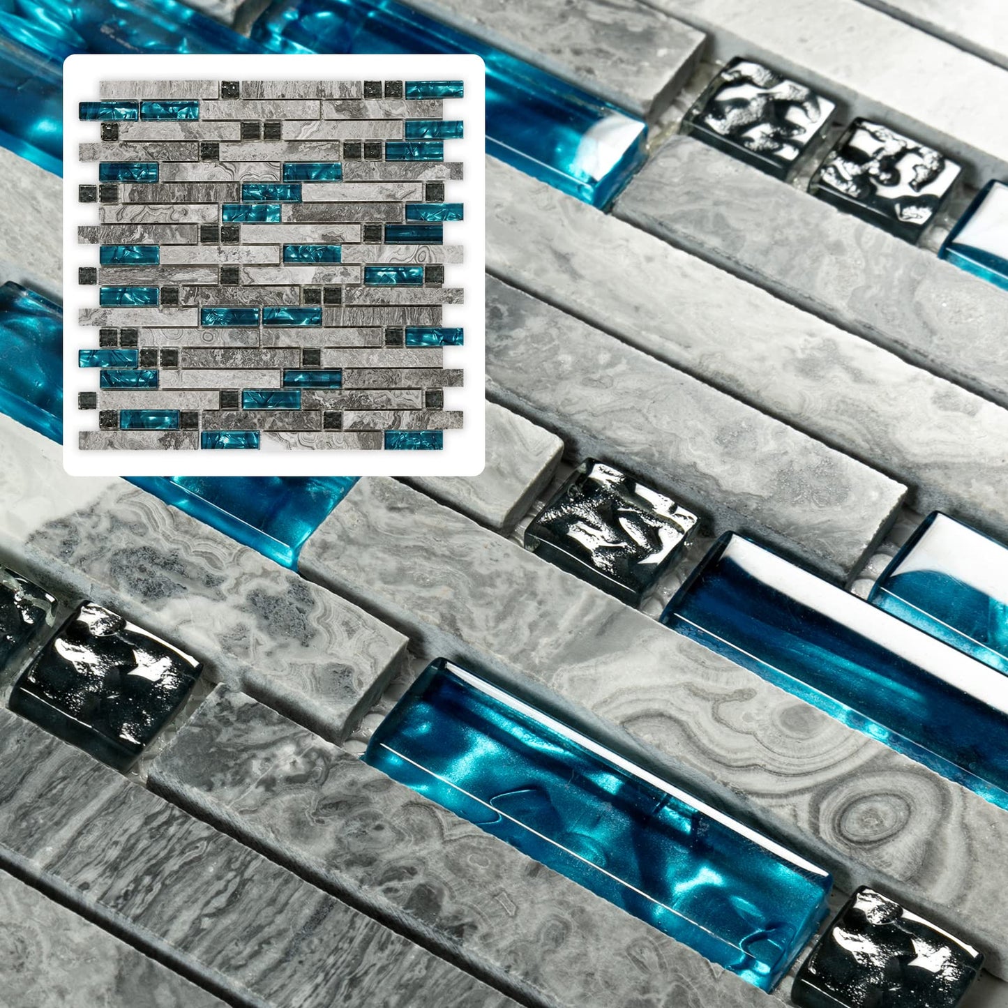 The Newly Upgraded 2026; a Four-piece Set Suitable for Kitchen backsplashes, Featuring Noble Natural Marble paired with Blue Glass Mosaic Tiles, Suitable for bathrooms, Kitchens, bedrooms, and More.