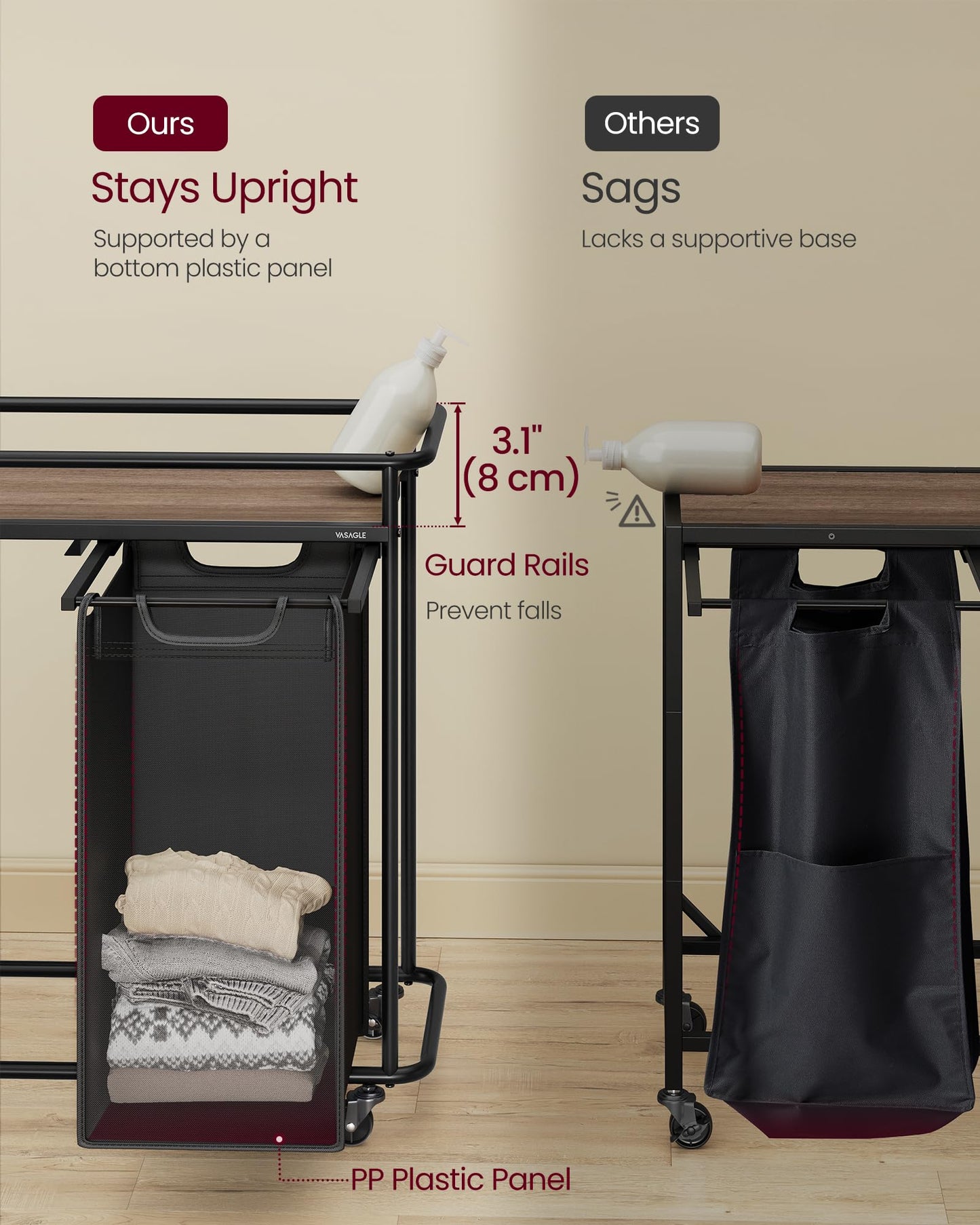 VASAGLE Laundry Sorter, Laundry Hamper with Wheels, 26.4 Gal. (100 L) Portable Rolling Cart Baskets with Shelf, 2 Removable Liners and 6 Labels, Ink Black and Chestnut Brown UBLH102BH01