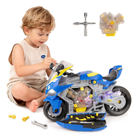 Take Apart Motorcycle Toy for Kids 3-5, Mechanic Toy DIY Repair Set with LED Lights, Real Engine Sounds & Spraying Exhaust - STEM Building Toys Engine Build Kit Birthday Gift for 3 4 5 6+ Year Old Boy