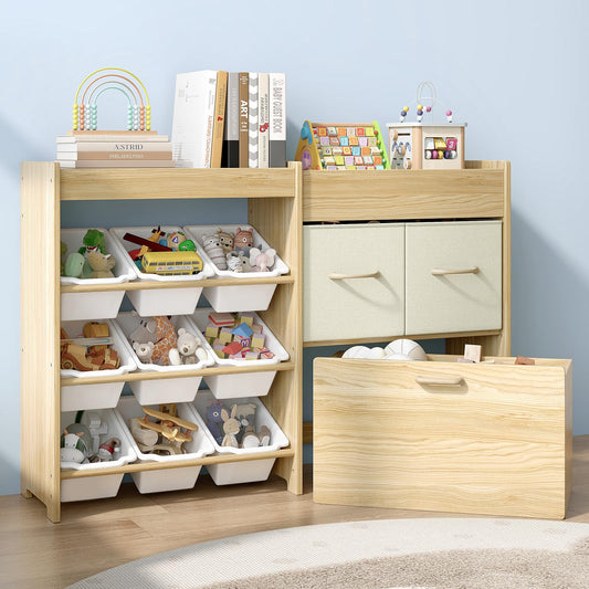 EXPERLAM Toy Storage Organizer for Kids, 9-Bin Toy Organizer with 2-Drawers, Movable Toy Chest and Top Rack, Multifunctional Kids Bookshelf and Toy Storage for Playroom, Bedroom, Nursery, White