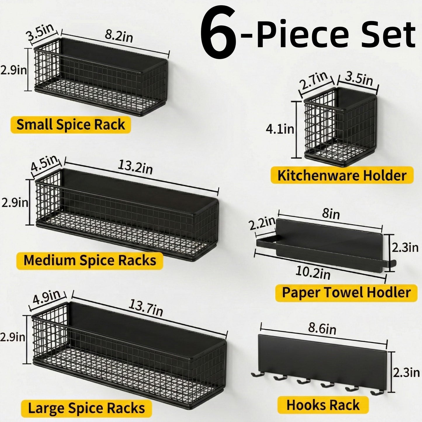 DecruKaltiz Magnetic Spice Rack Refrigerator,Include Paper Towel Holder And Hooks, For Traeger Grills Of Washing Machine Side (Black, 6-Pack)