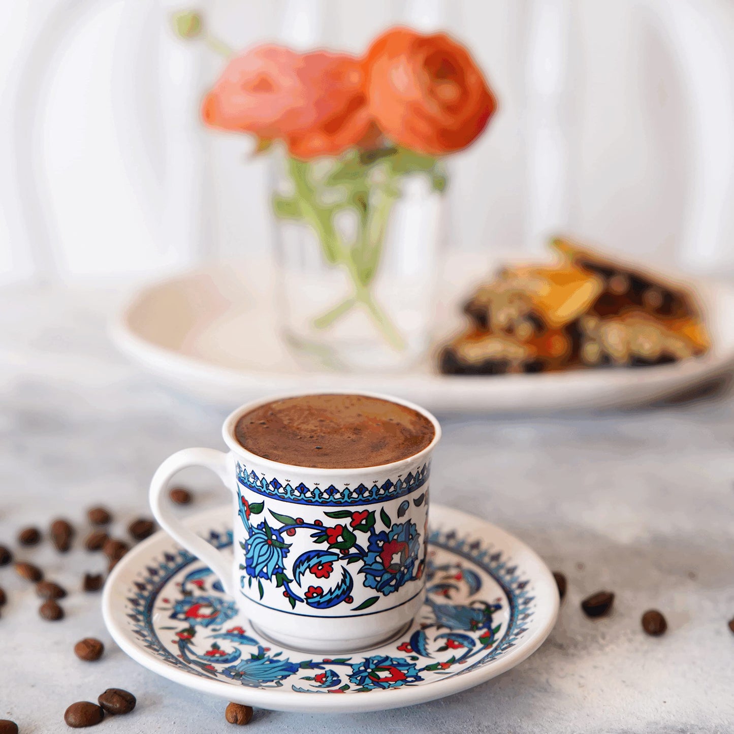 SANTA MARLA Turkish Coffee Cup Set of 6 with Saucers & Holder – Ceramic, Dishwasher-Safe, Keeps Warm – Patterned Turkish Espresso Cups Set for Home & Office (Set Of 6)