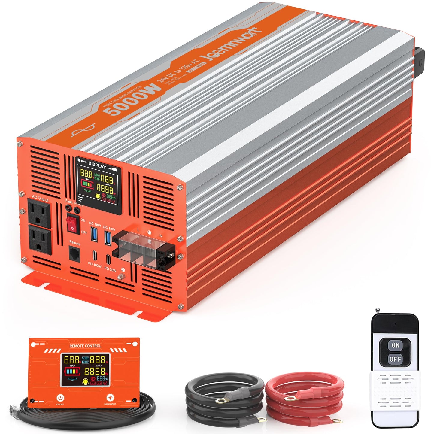 JOEMNWART 5000W Pure Sine Wave Inverter DC 24V to AC 120V Converter, Off-Grid Solar Power Inverters with Built-in 4 USB Ports, Hardwire Port, Remote Controller for Vehicles, Truck, RV, Home