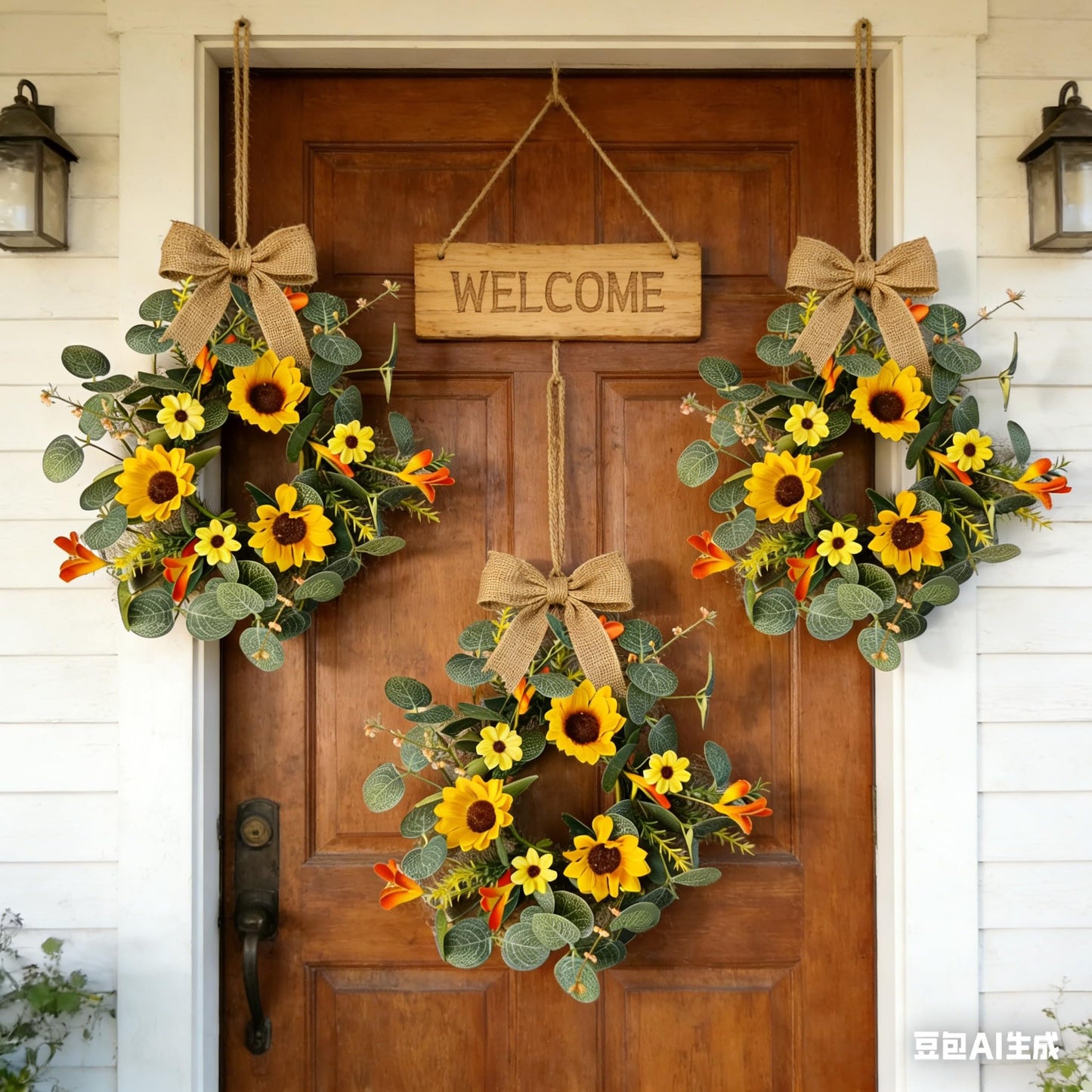 6 Pcs Summer Sunflower Mini Hanging Wreaths for Cabinets Artificial Small Candle Ring Wreaths with Daisy Flower and Eucalyptus Leaves for Home Kitchen Front Door Window Farmhouse Porch Wall Decor