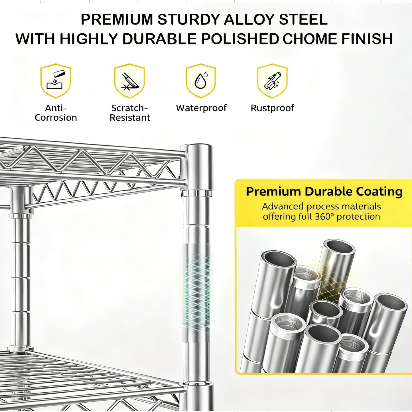 Heavy Duty 5-Tier Wire Rack Shelving Unit, Adjustable Storage Rack with 3" Rubber Wheels, 1750 lbs Capacity, Chrome Standing Shelf for Kitchen, Garage, Warehouse, Office - 47"D x 17.72"W x 74"H