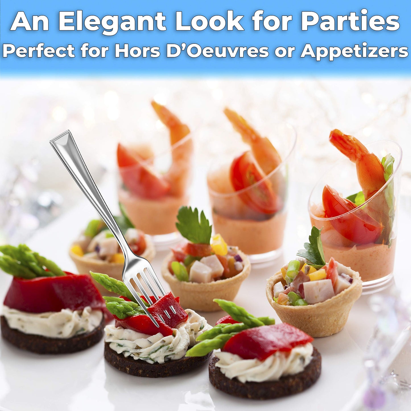 Super Elegant, BPA Free 200ct Plastic Tasting Forks. Mini Cocktail or Sampling Fork Set for Appetizers, Shrimp and Seafood. Durable, Recyclable 4 Tine Utensil with Stainless Steel Look
