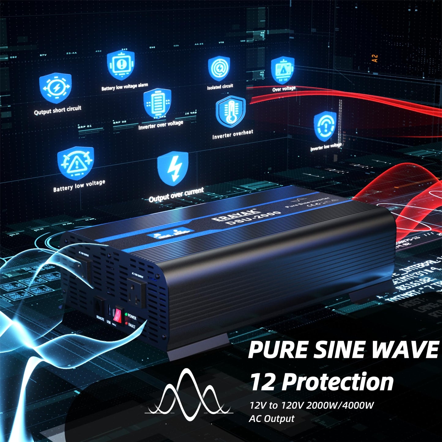 Erayak 2000W Pure Sine Wave Power Inverter 12V DC to 110V 120V AC Converter for Home, RV, Truck, Off-Grid Solar with 18W USB-C, Fast Charger, LCD Monitor, 6m Remote Controller
