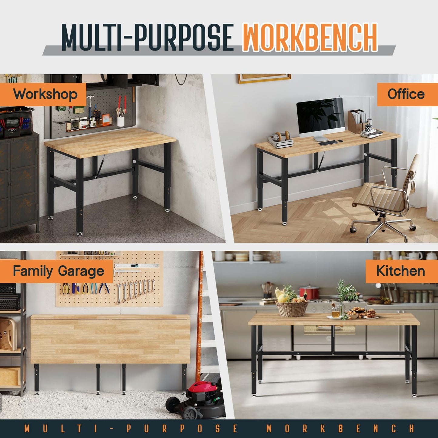 SPECRAFT Folding Workbench, Adjustable Foldable Workbench, 34.7"-40" Height Adjustable, Rubber Wood Top for Garage, Workshop, Office