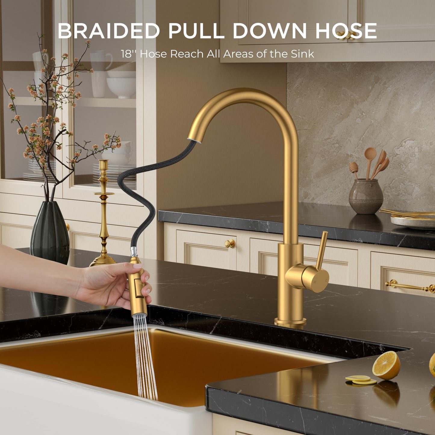 FORIOUS Gold Kitchen Faucet with Pull Down Sprayer, Brushed Brass High Arc Gooseneck Modern Sink Faucet with CUPC Ceramic Cartridge, Single Handle Stainless Steel and Deck Plate