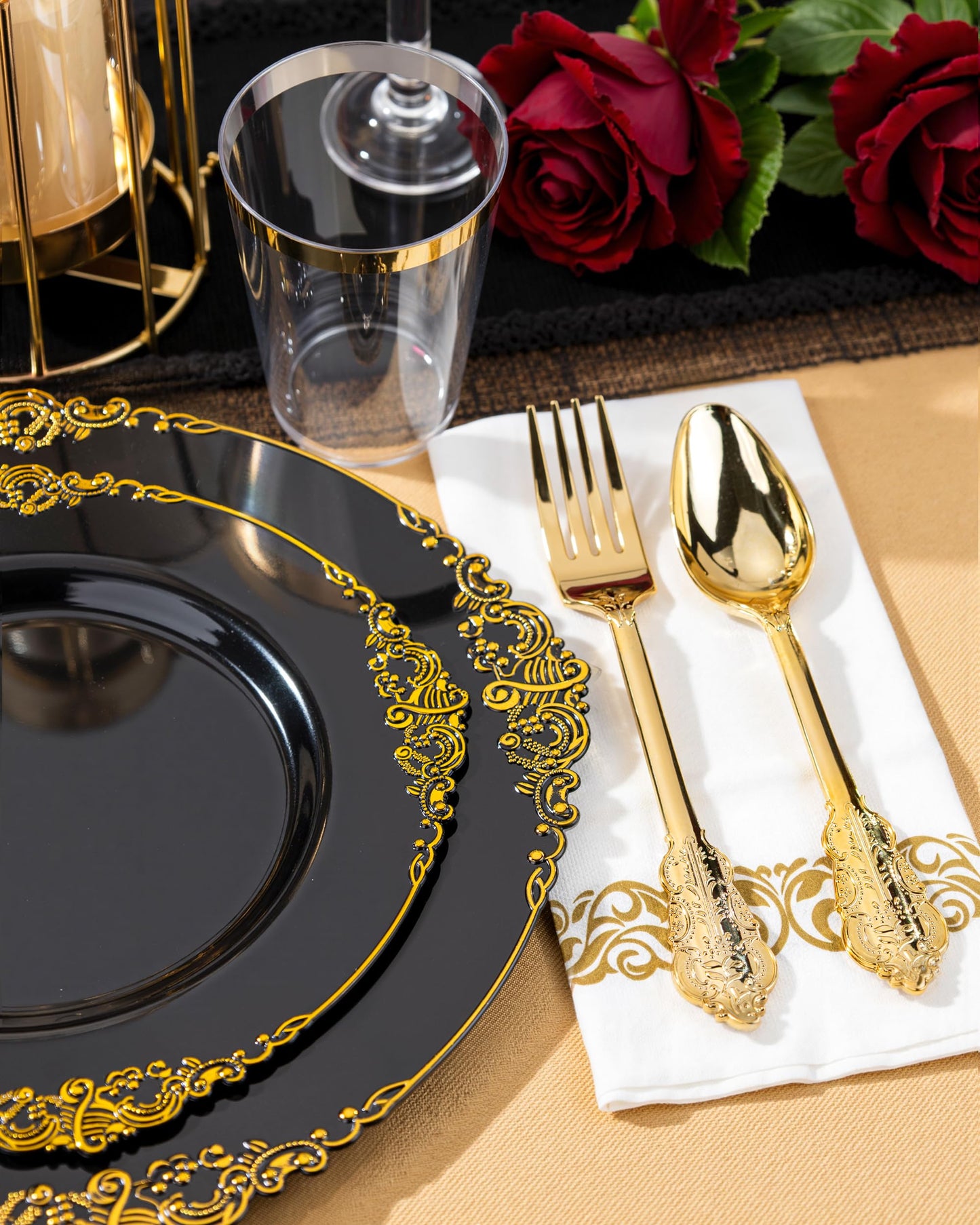 Nervure 350PCS Black Plastic Plates - Black Plastic Dinnerware Sets for 50 Guests - 100 Disposable Plates, 150 Gold Silverware, 50 Cups, 50 Napkins for Wedding & Party & Graduation & Retirement