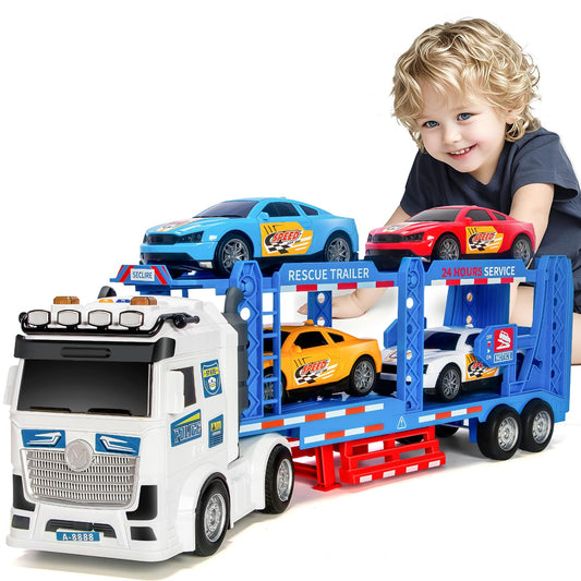 Toddler Boy Toys for 3 4 5 6 7 Years Kids, 21" Double Layer Race Truck Toy with 4 Racing Cars, Friction Powered Vehical Toys with Lights and Sounds, Birthday for Boy Girls-Blue