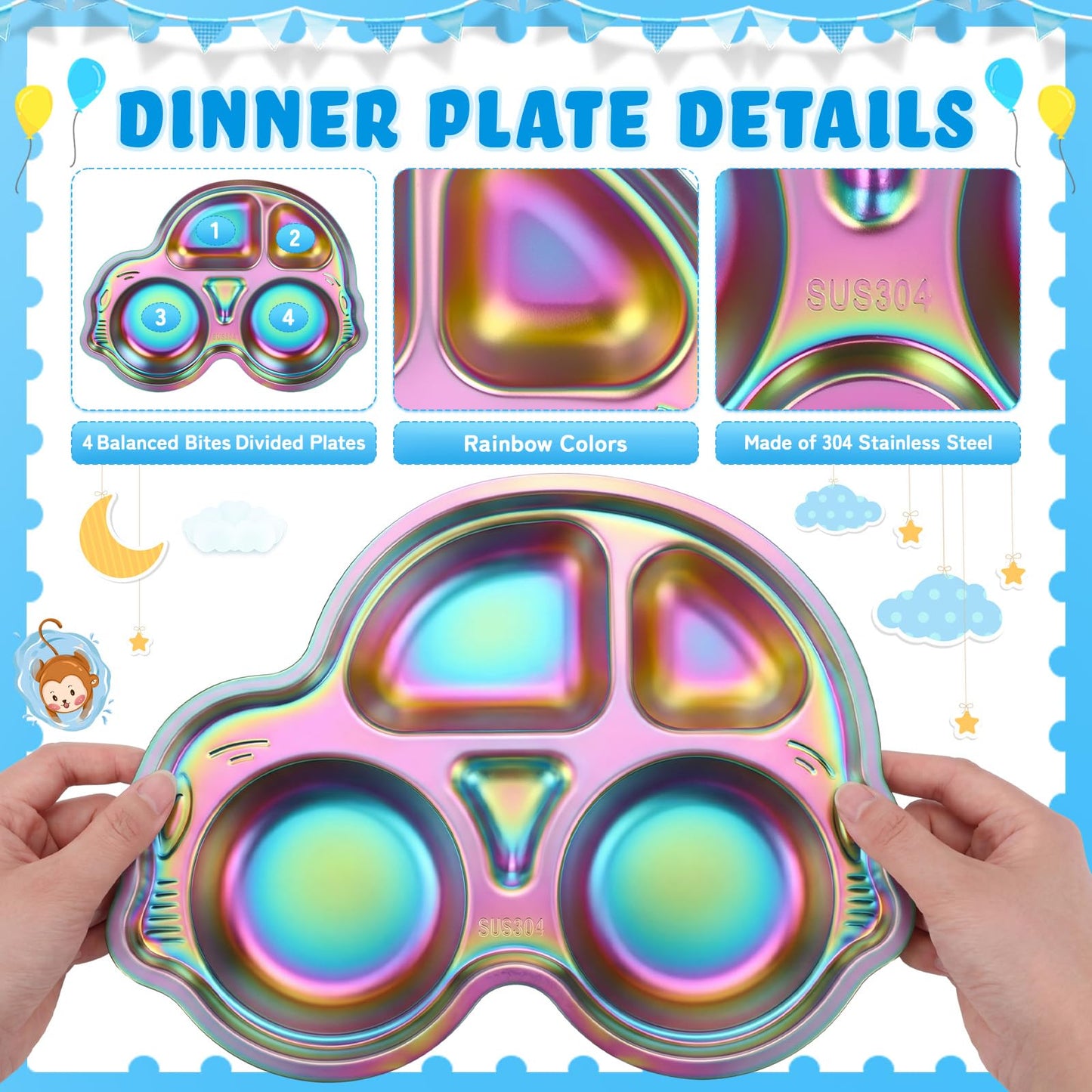 Tioncy 15 Pcs Stainless Steel Kids Dinner Set, 3 Bowls, 3 Balanced Bites Divided Plates, 3 Cups, 3 Spoons and 3 Forks, Stainless Steel Lunch Plates Dinnerware Set for Kids Toddlers(Car)